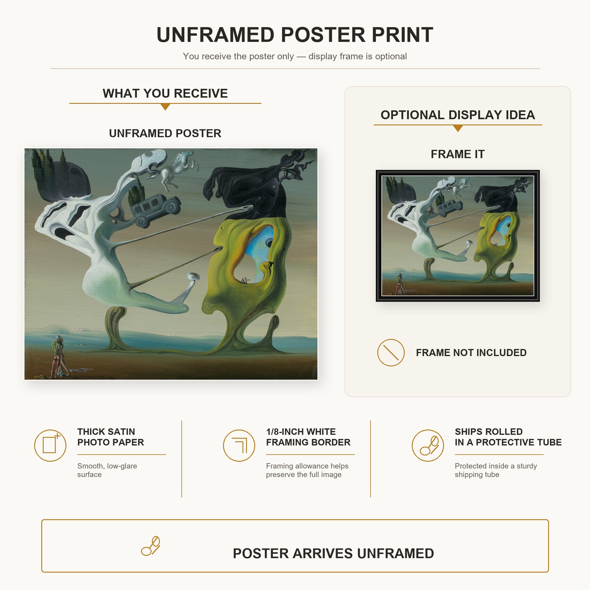 Salvador Dali - House for Erotomaniac poster print size comparison and framing display infographic