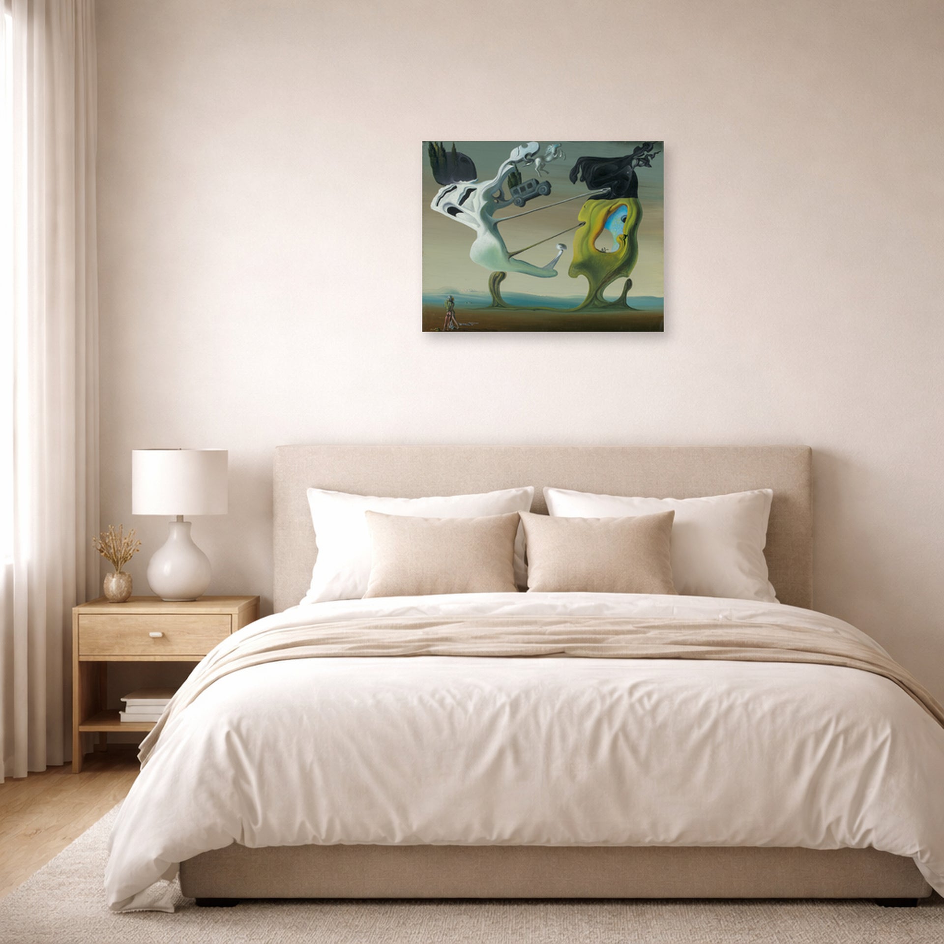 Unframed poster print of Salvador Dali's House for Erotomaniac displayed on a wall in a bedroom