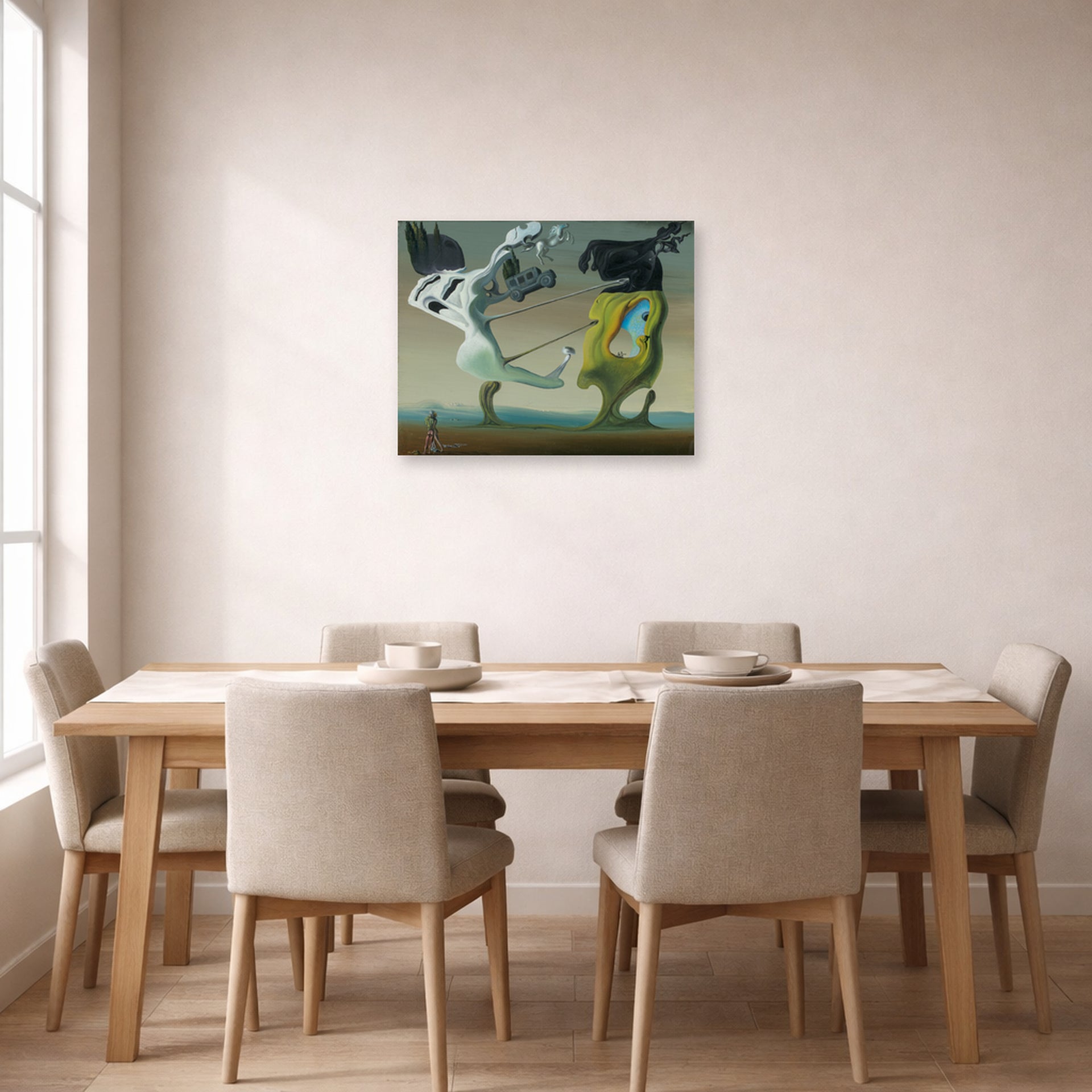 Unframed poster print of Salvador Dali's House for Erotomaniac displayed on a wall in a dining room