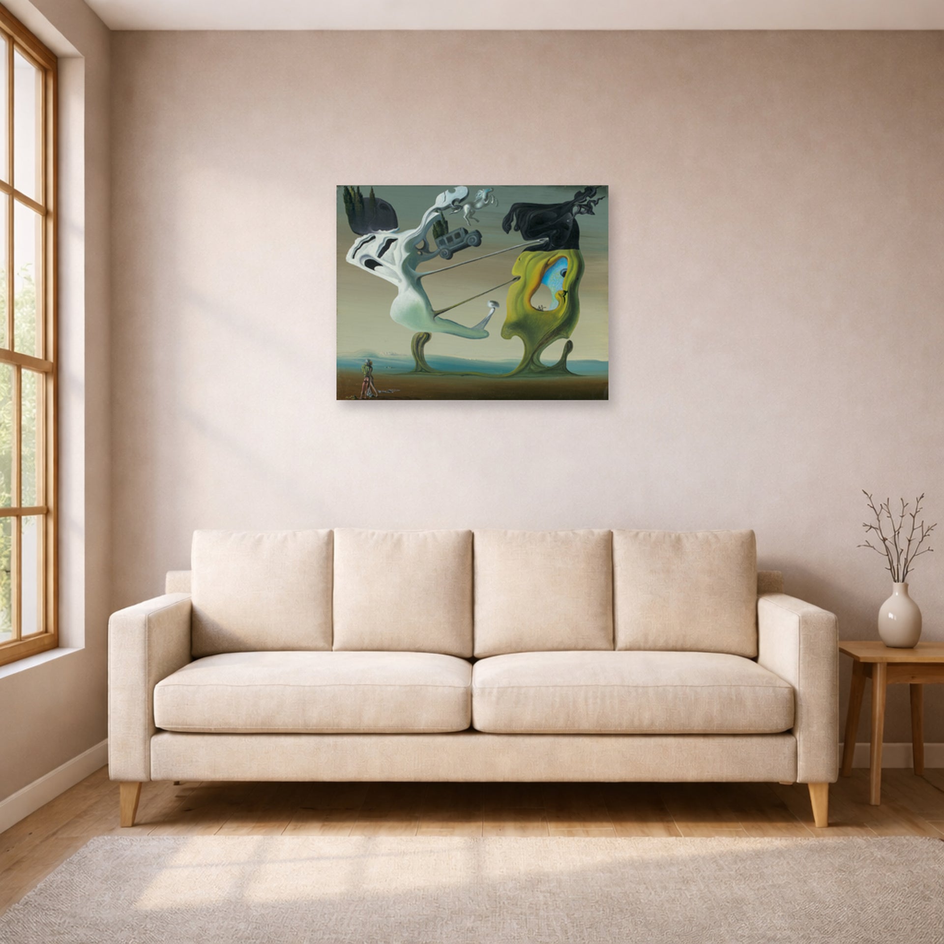Unframed poster print of Salvador Dali's House for Erotomaniac displayed on a wall in a living room