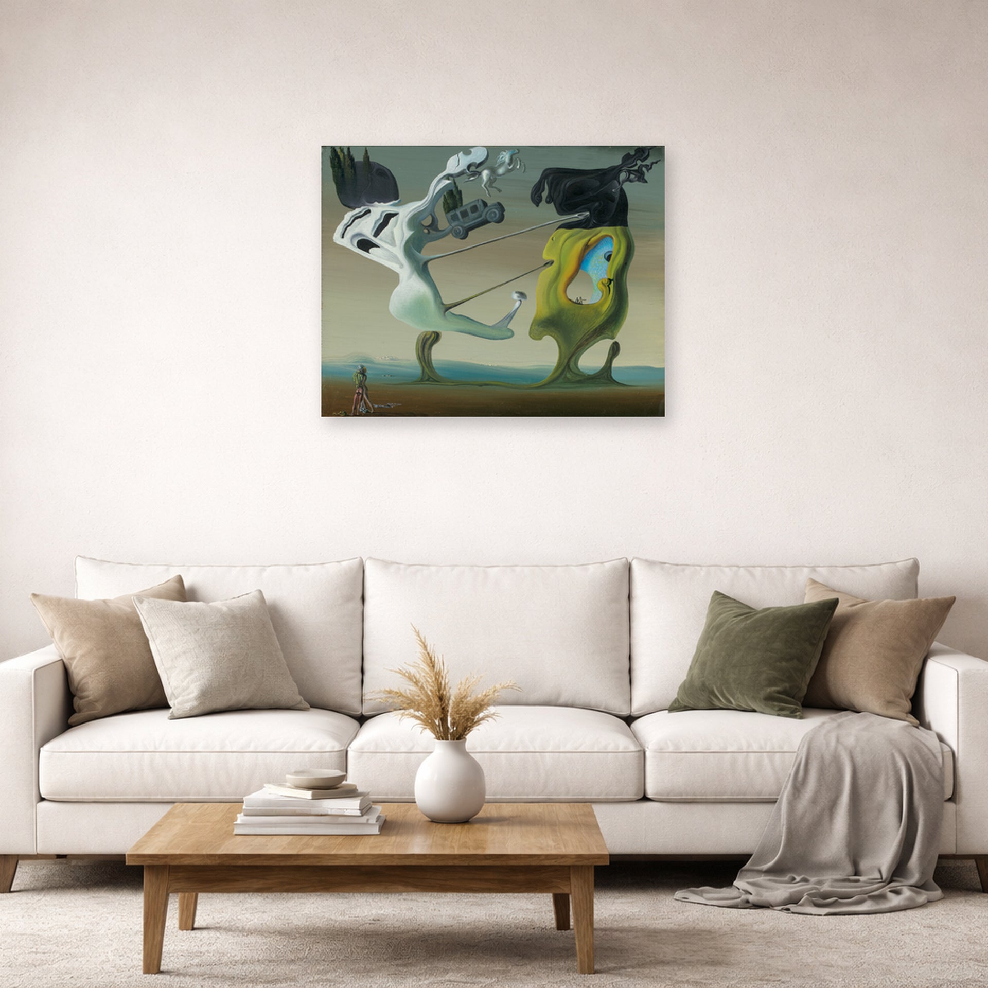 Unframed poster print of Salvador Dali's House for Erotomaniac displayed on a wall in a living room
