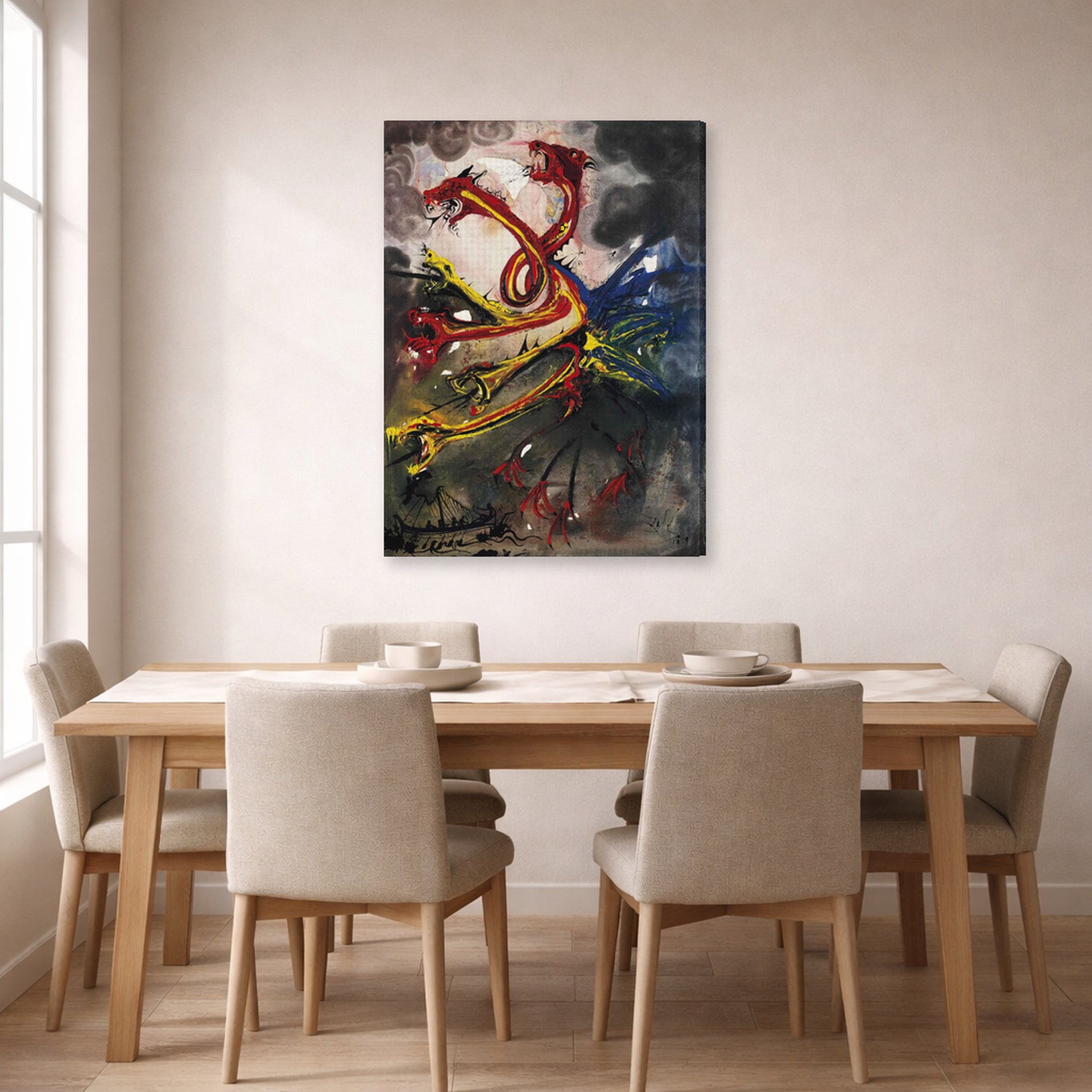Gallery-wrapped canvas print of Salvador Dali's Hydres displayed on a wall in a dining room