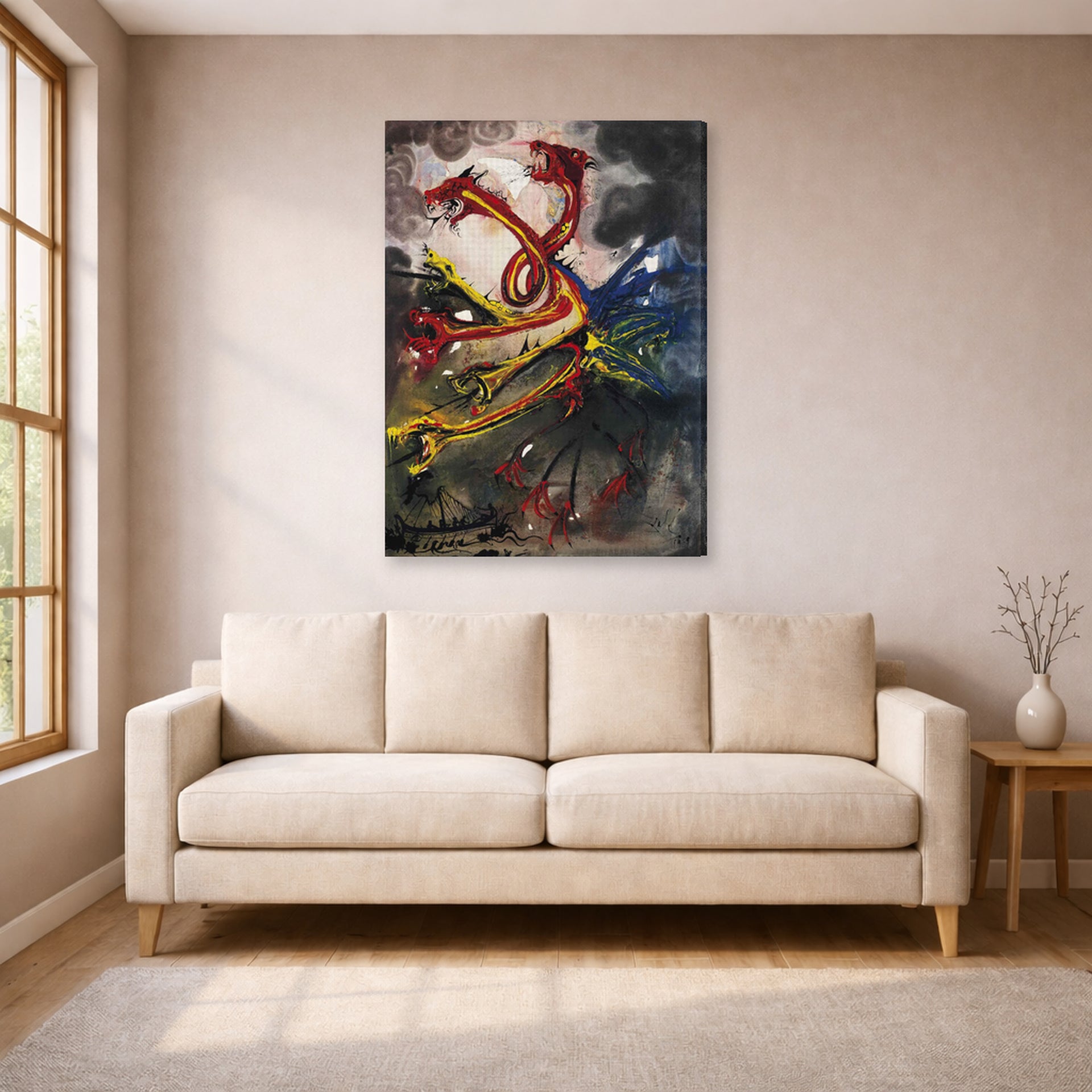 Gallery-wrapped canvas print of Salvador Dali's Hydres displayed on a wall in a living room