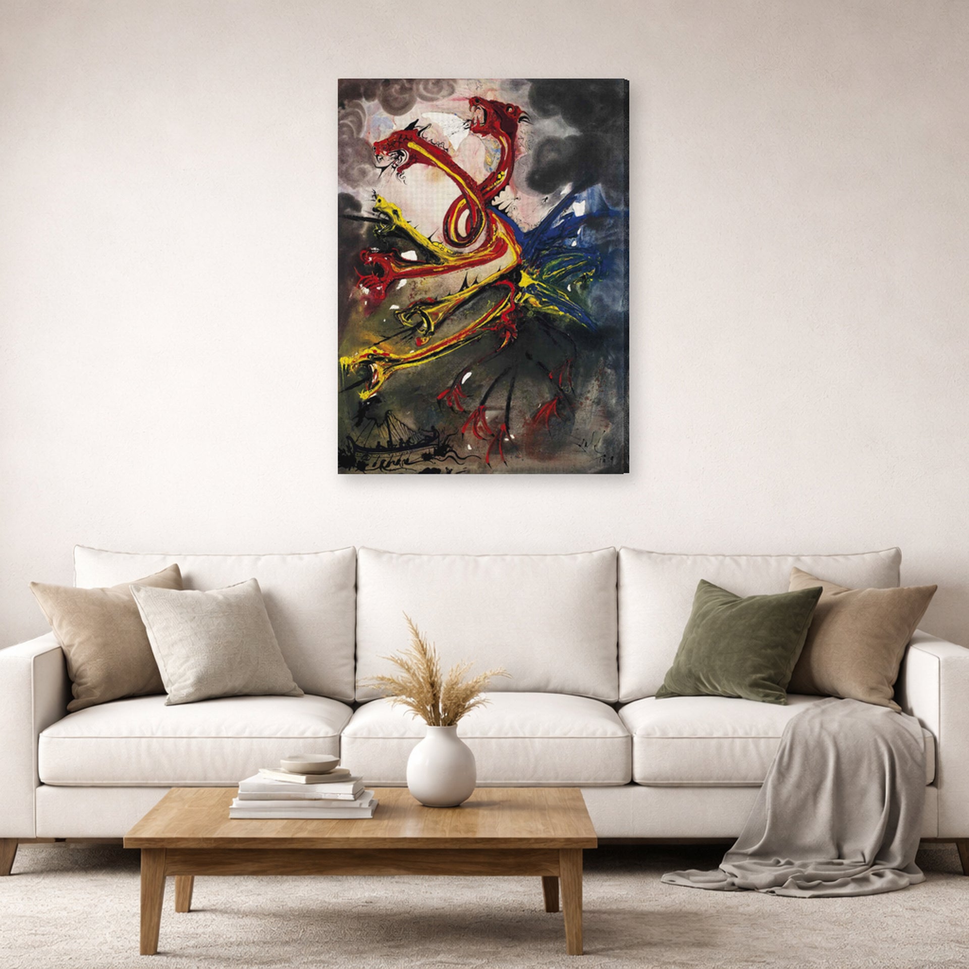 Gallery-wrapped canvas print of Salvador Dali's Hydres displayed on a wall in a living room