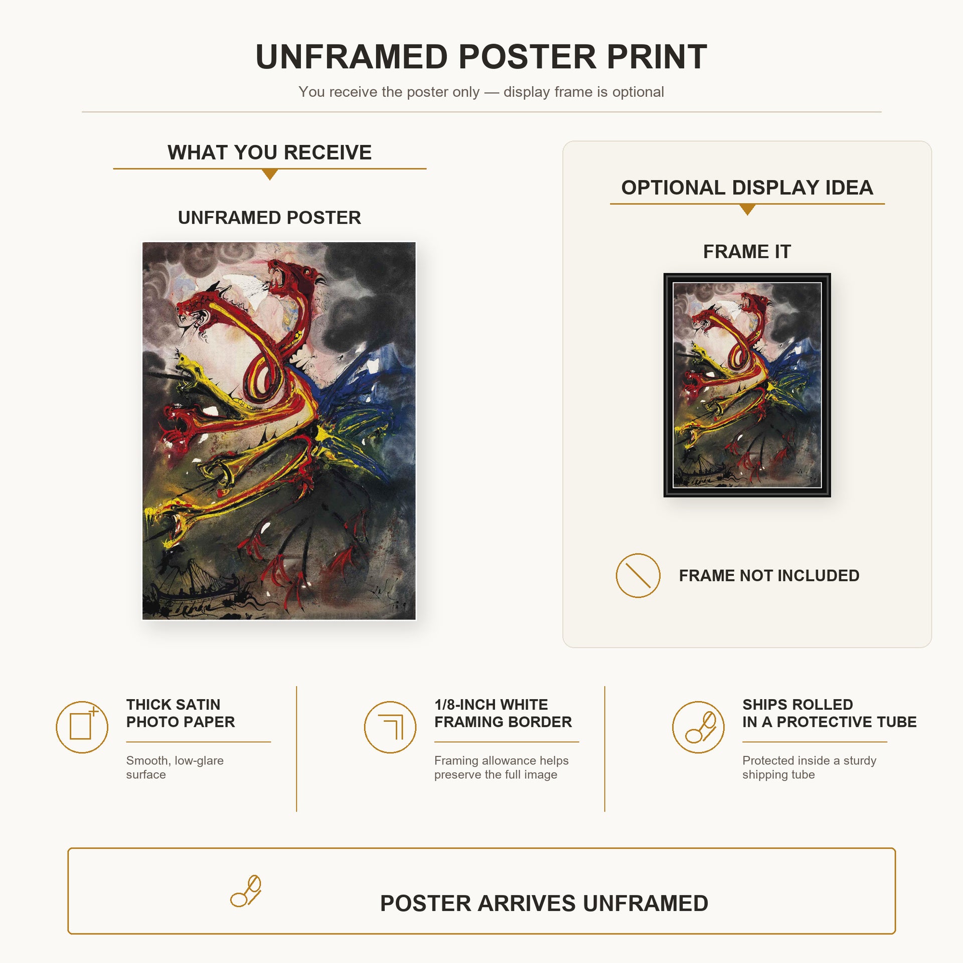 Salvador Dali - Hydres poster print size comparison and framing display infographic