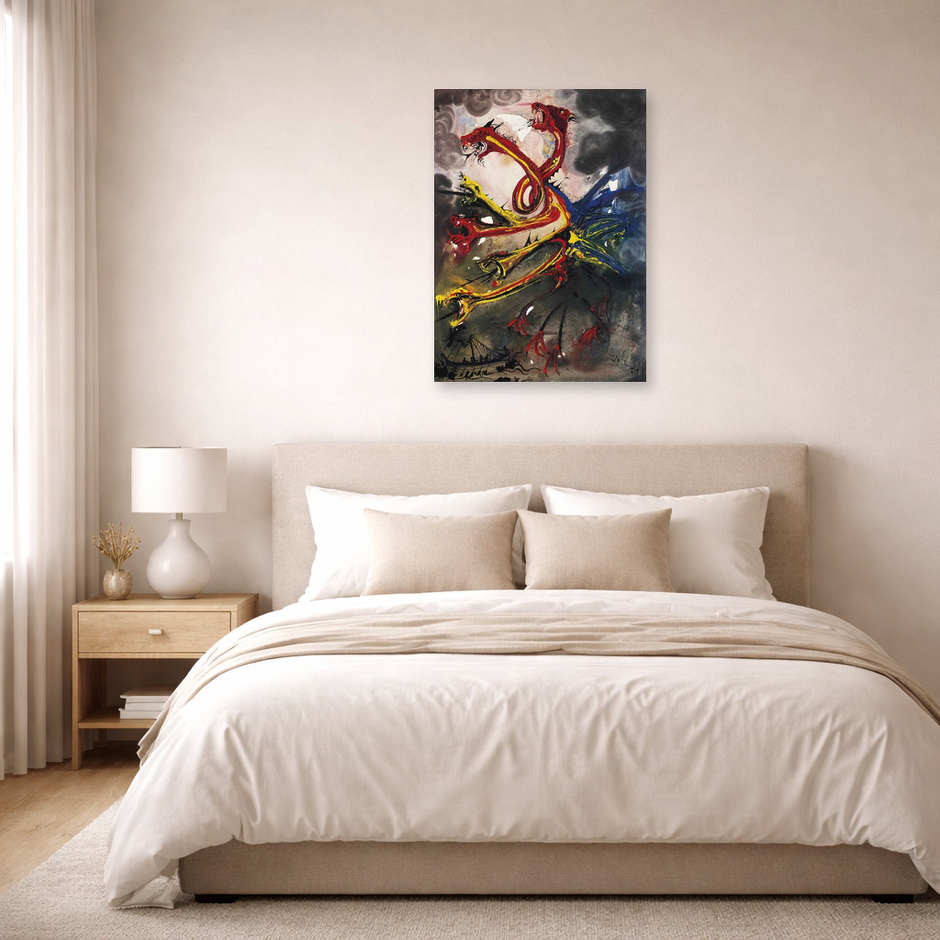 Unframed poster print of Salvador Dali's Hydres displayed on a wall in a bedroom