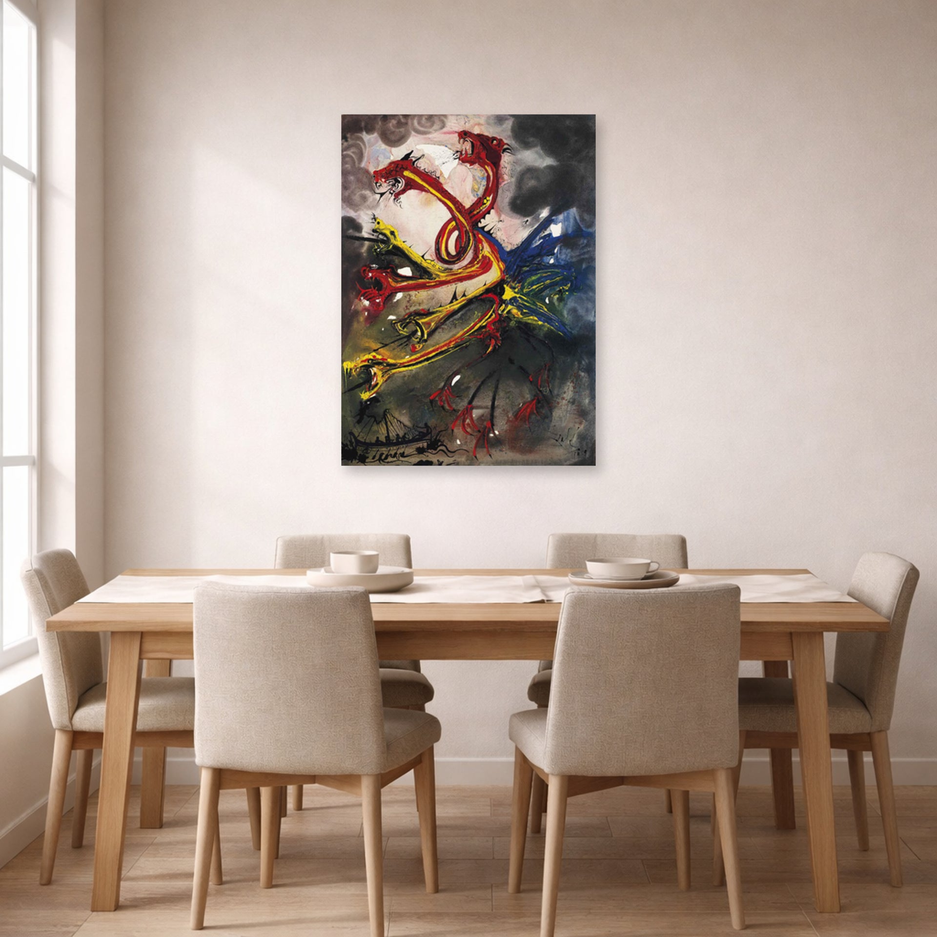 Unframed poster print of Salvador Dali's Hydres displayed on a wall in a dining room