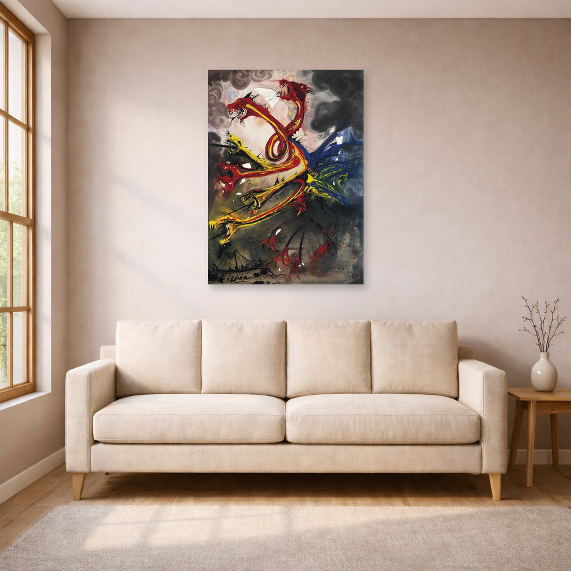 Unframed poster print of Salvador Dali's Hydres displayed on a wall in a living room