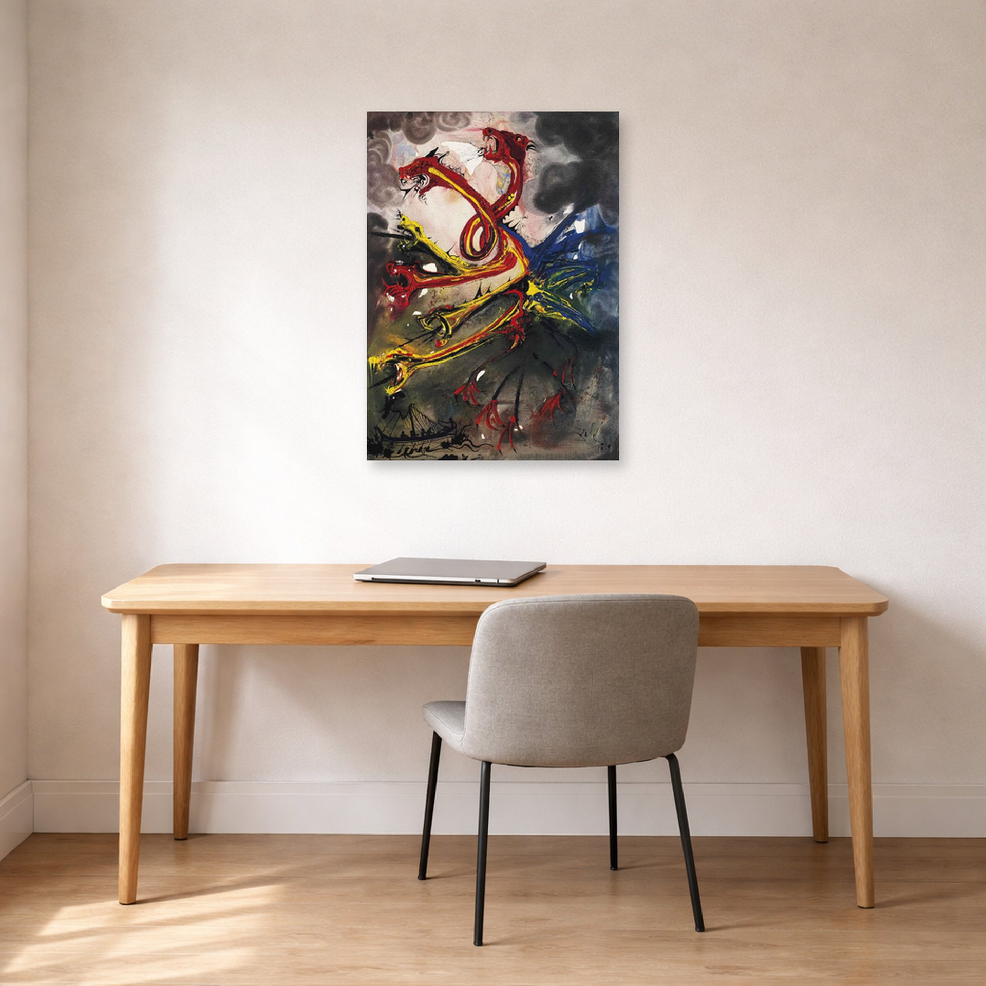 Unframed poster print of Salvador Dali's Hydres displayed on a wall in a office