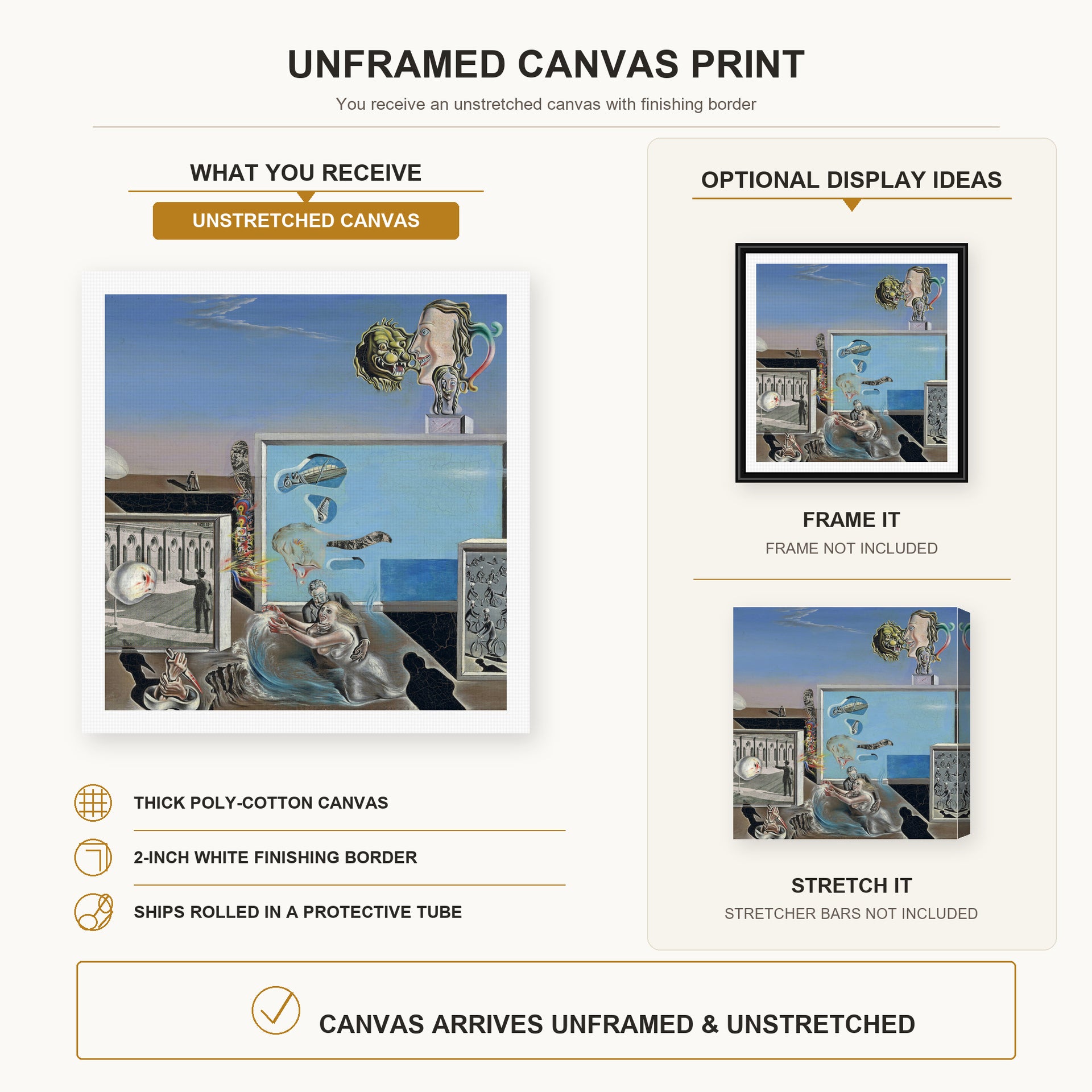 Salvador Dali - Illumined Pleasures canvas print size comparison and framing display infographic