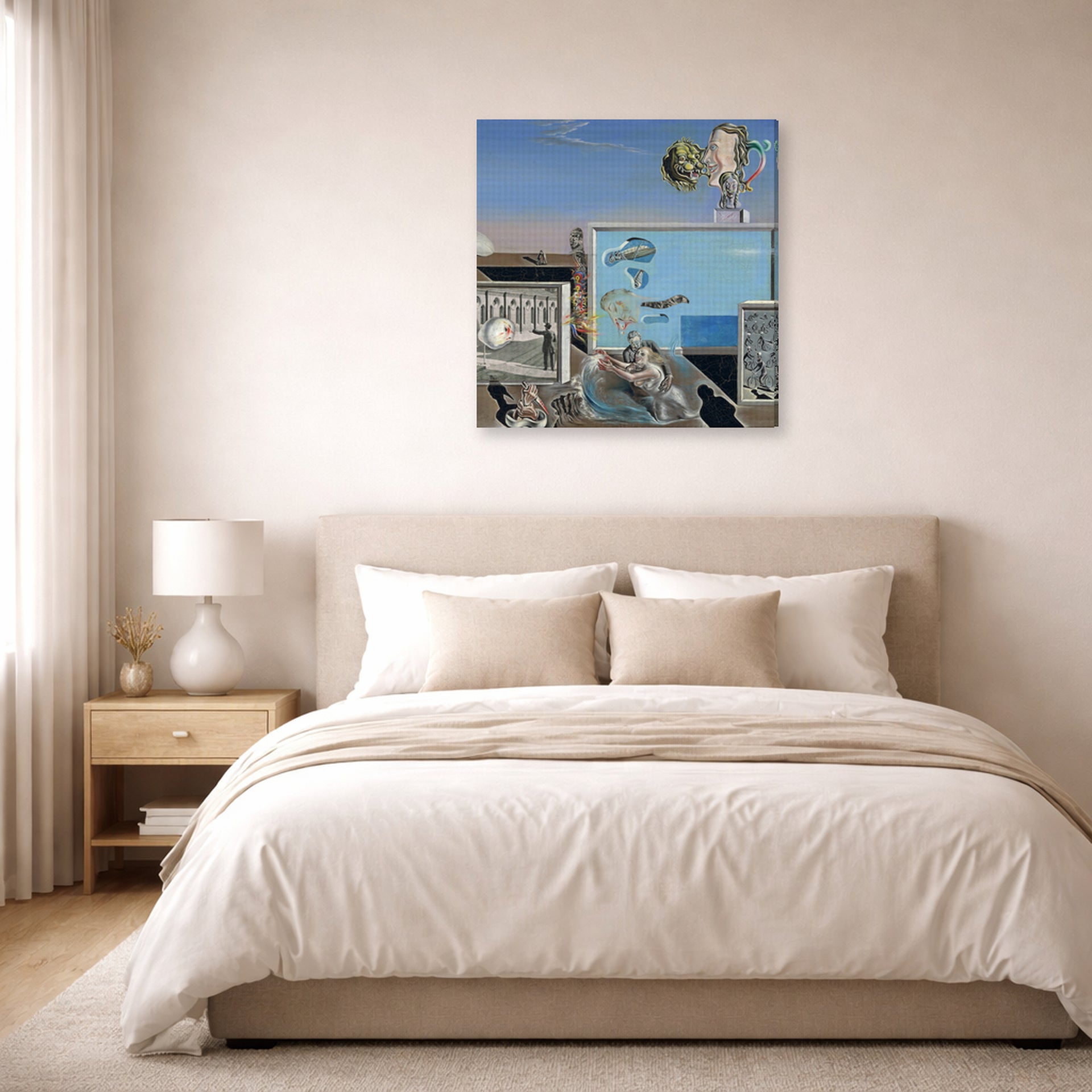 Gallery-wrapped canvas print of Salvador Dali's Illumined Pleasures displayed on a wall in a bedroom