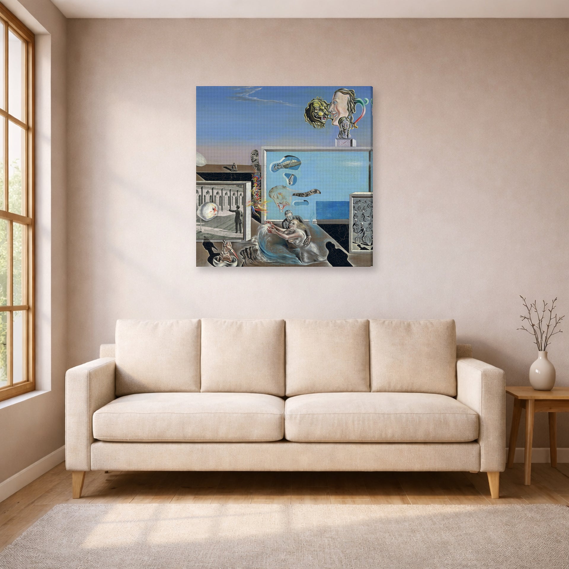 Gallery-wrapped canvas print of Salvador Dali's Illumined Pleasures displayed on a wall in a living room