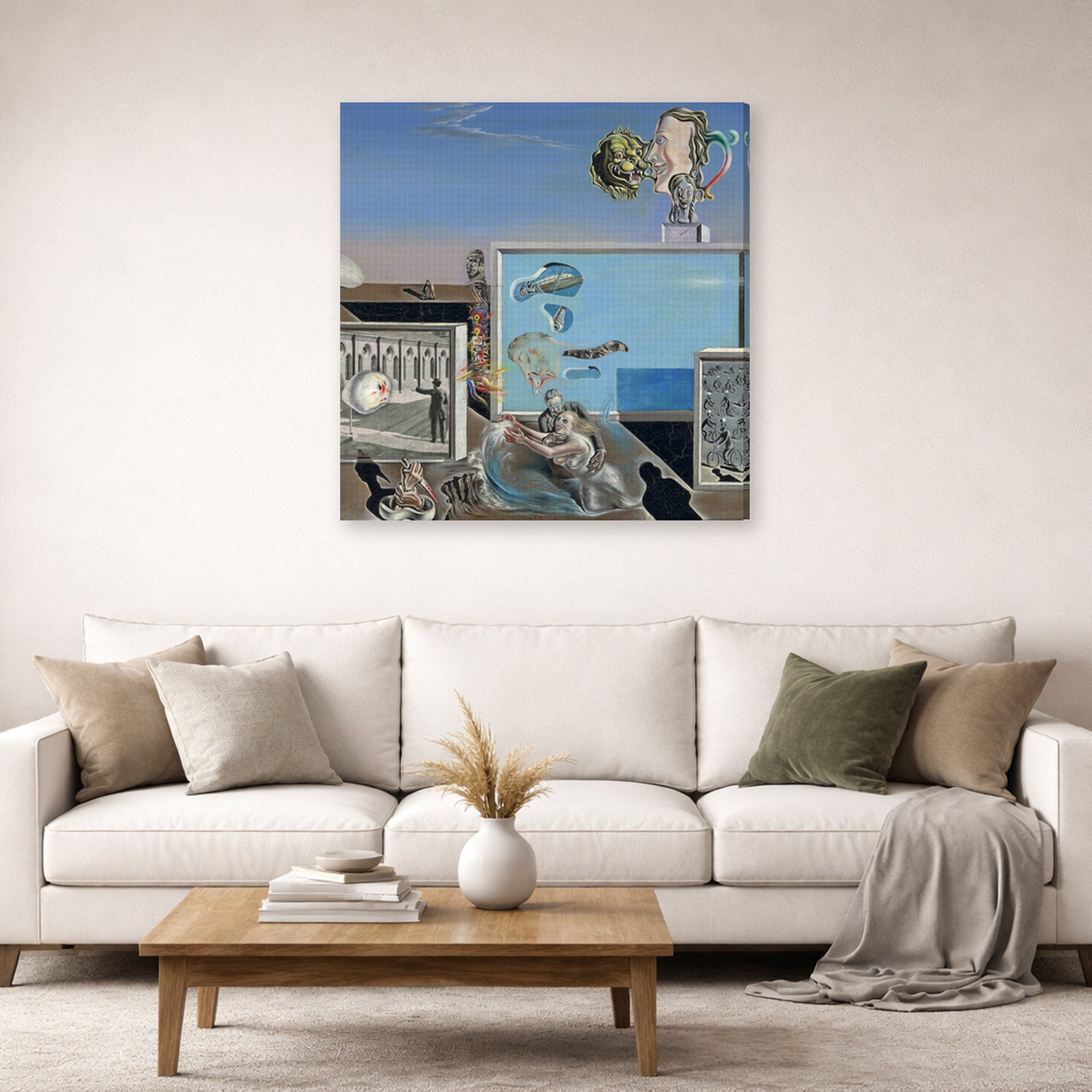 Gallery-wrapped canvas print of Salvador Dali's Illumined Pleasures displayed on a wall in a living room