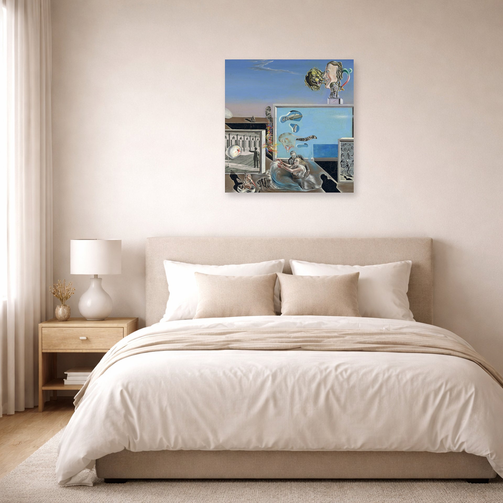 Unframed poster print of Salvador Dali's Illumined Pleasures displayed on a wall in a bedroom