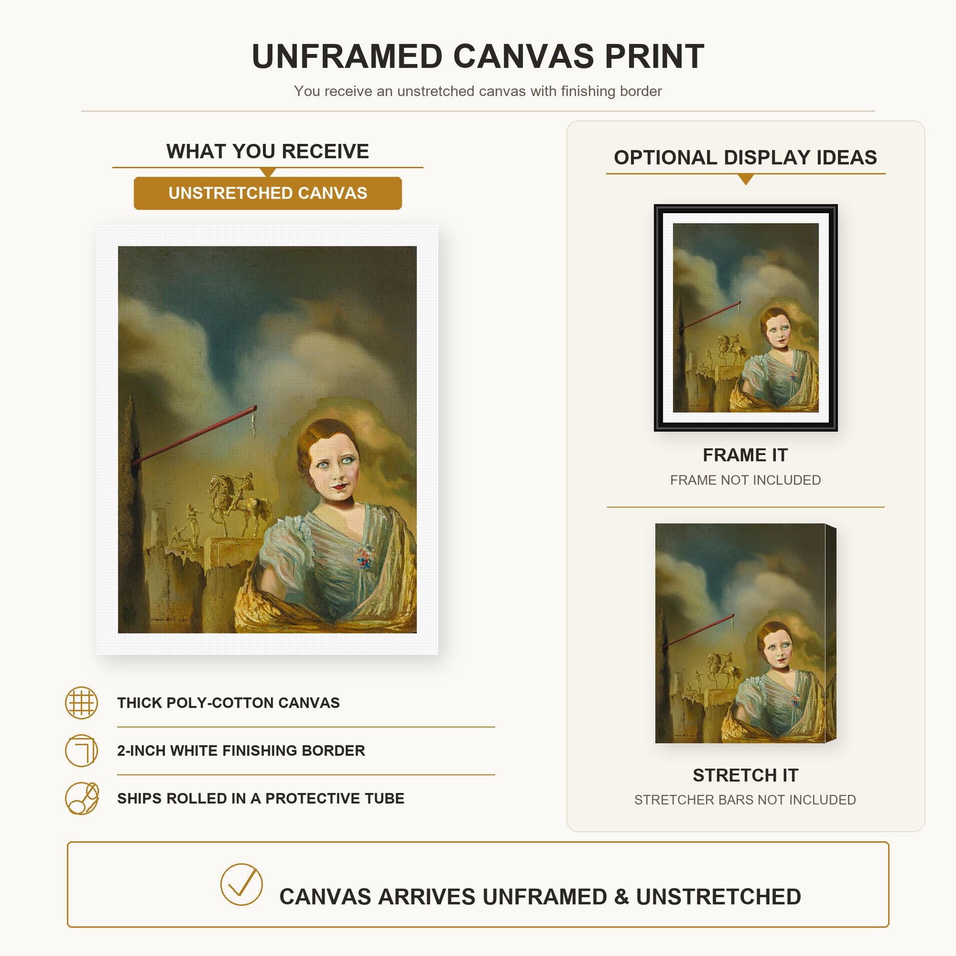 Salvador Dali - Landscape With Woman canvas print size comparison and framing display infographic