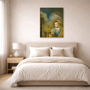 Gallery-wrapped canvas print of Salvador Dali's Landscape With Woman displayed on a wall in a bedroom