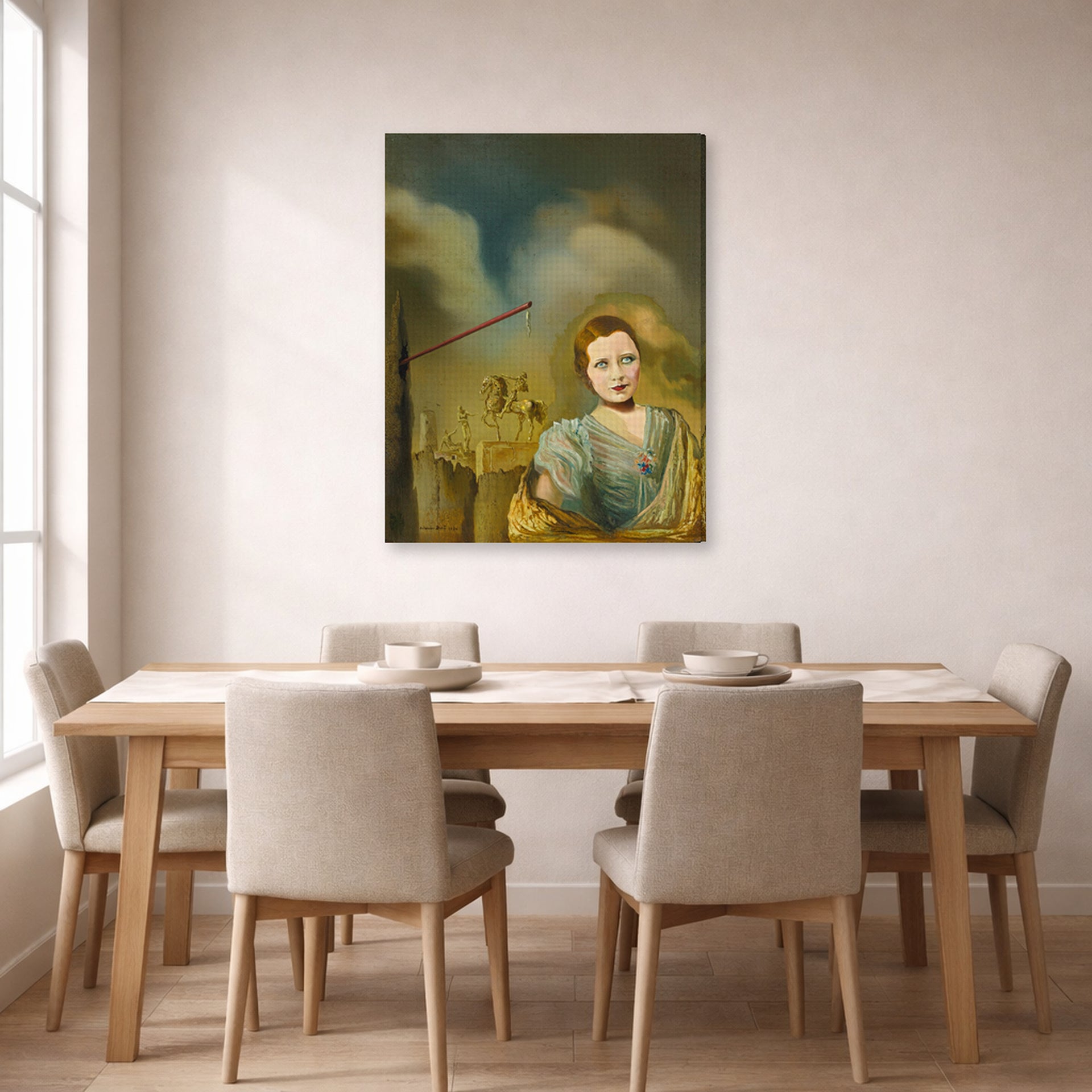 Gallery-wrapped canvas print of Salvador Dali's Landscape With Woman displayed on a wall in a dining room