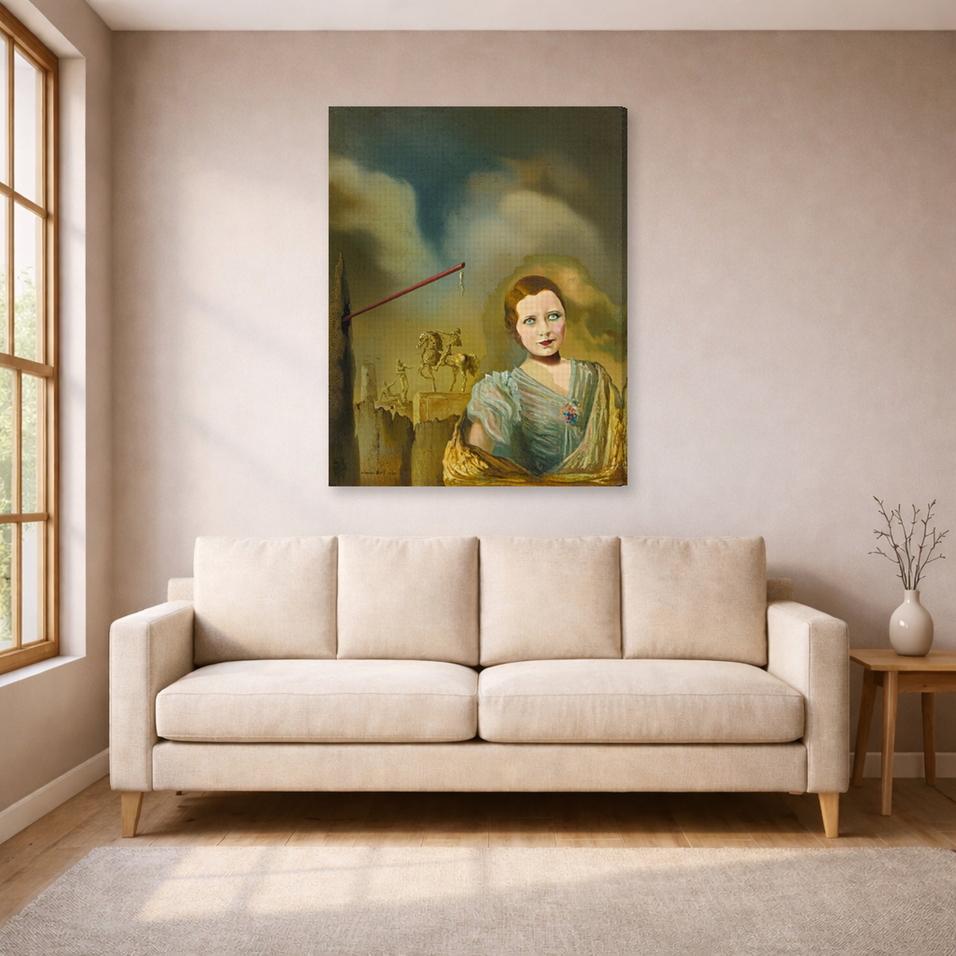 Gallery-wrapped canvas print of Salvador Dali's Landscape With Woman displayed on a wall in a living room