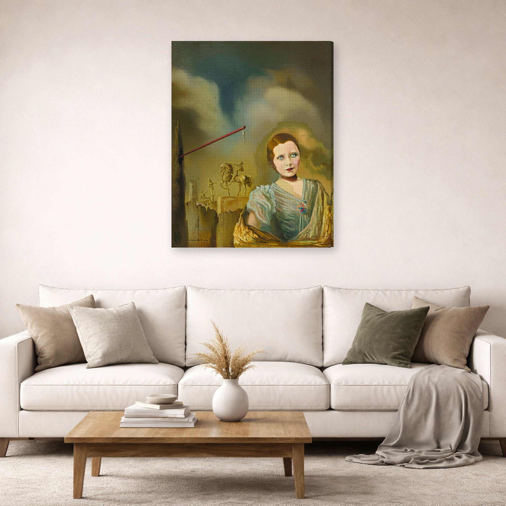 Gallery-wrapped canvas print of Salvador Dali's Landscape With Woman displayed on a wall in a living room