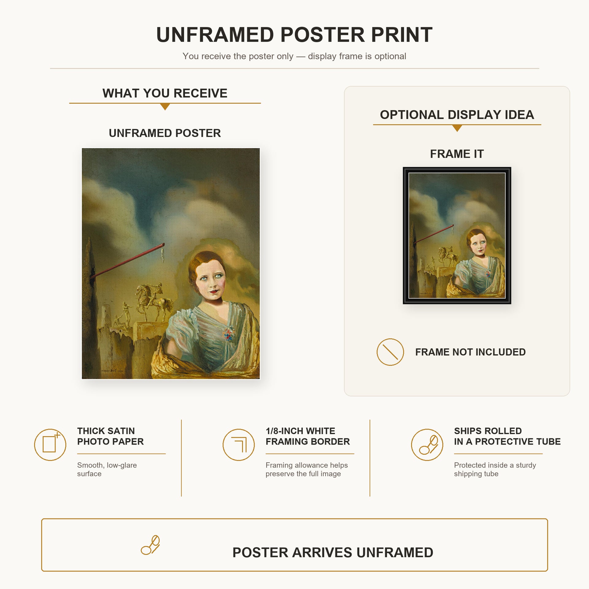 Salvador Dali - Landscape With Woman poster print size comparison and framing display infographic