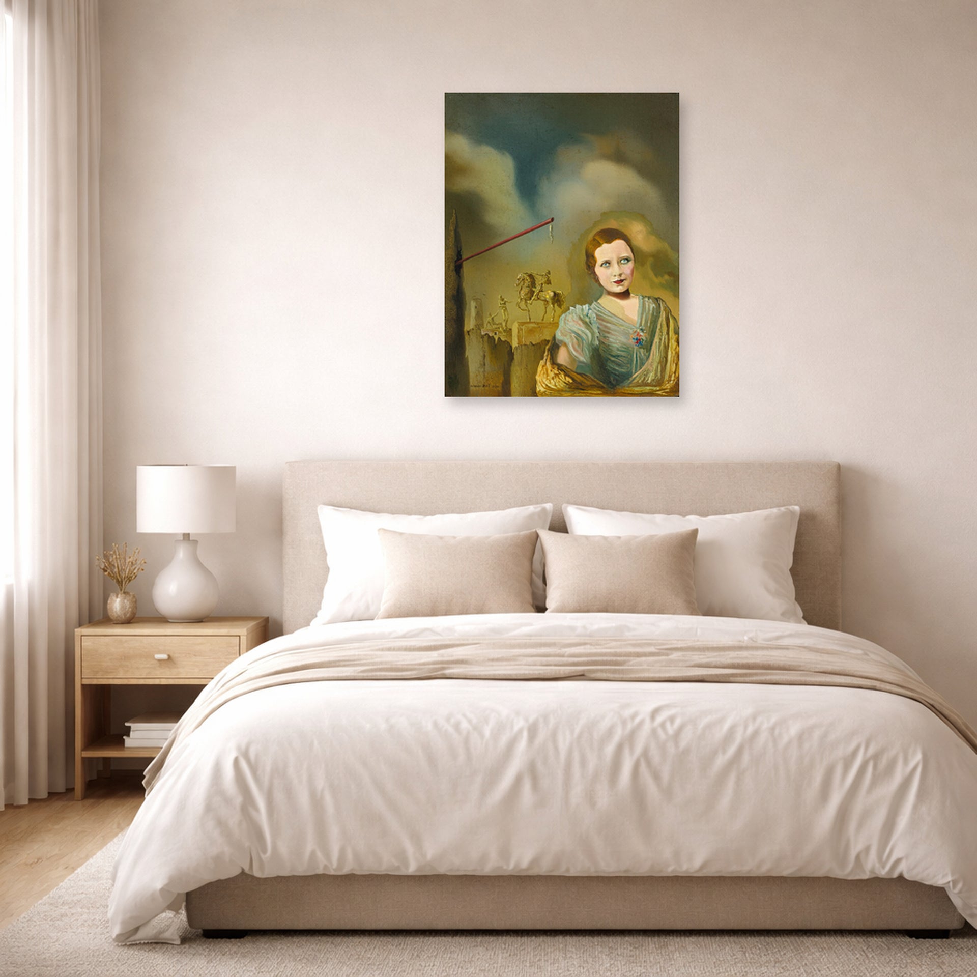 Unframed poster print of Salvador Dali's Landscape With Woman displayed on a wall in a bedroom