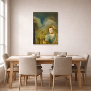 Unframed poster print of Salvador Dali's Landscape With Woman displayed on a wall in a dining room