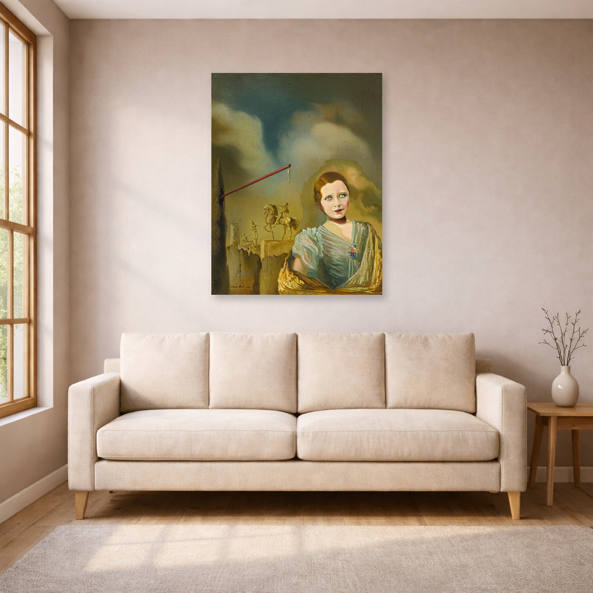 Unframed poster print of Salvador Dali's Landscape With Woman displayed on a wall in a living room