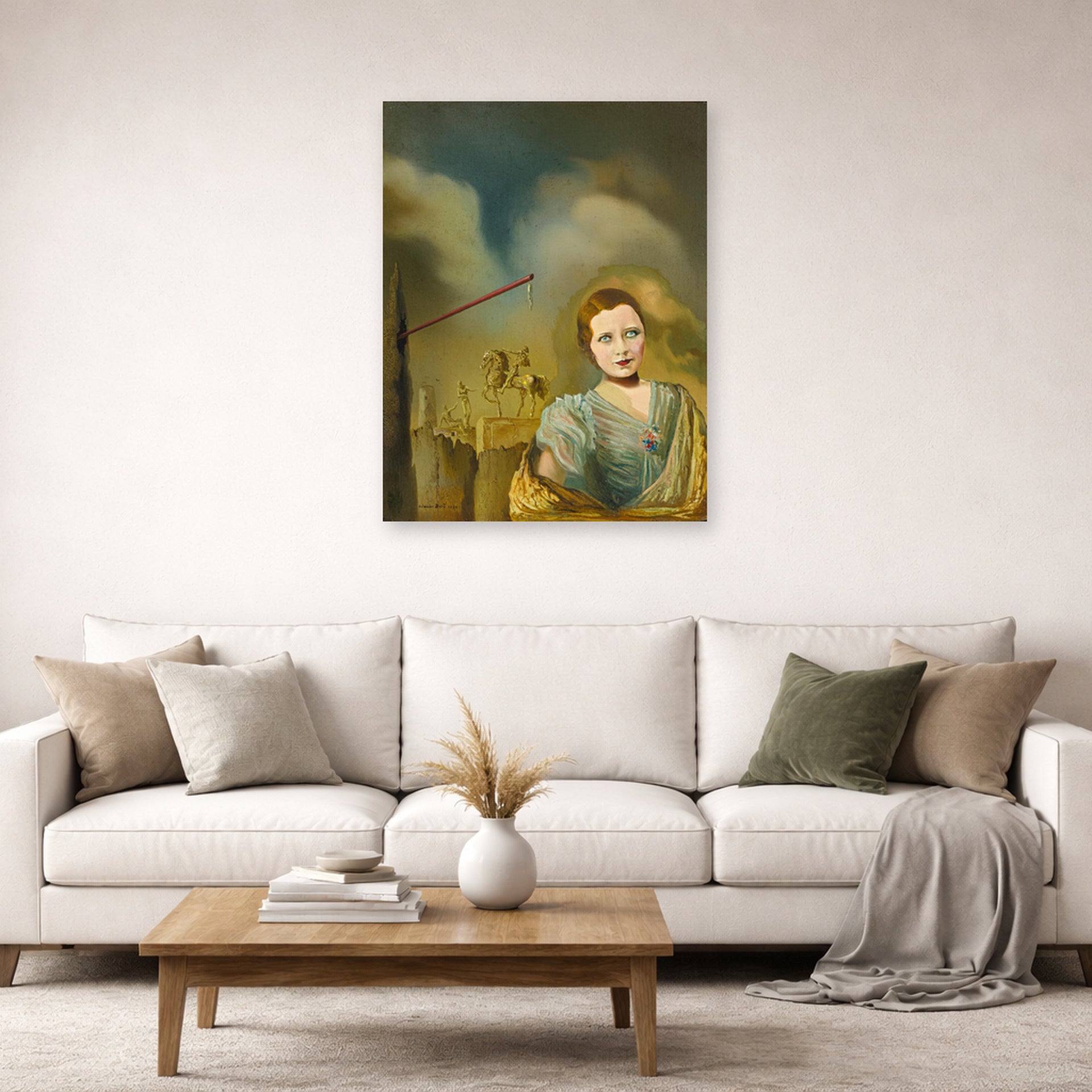Unframed poster print of Salvador Dali's Landscape With Woman displayed on a wall in a living room