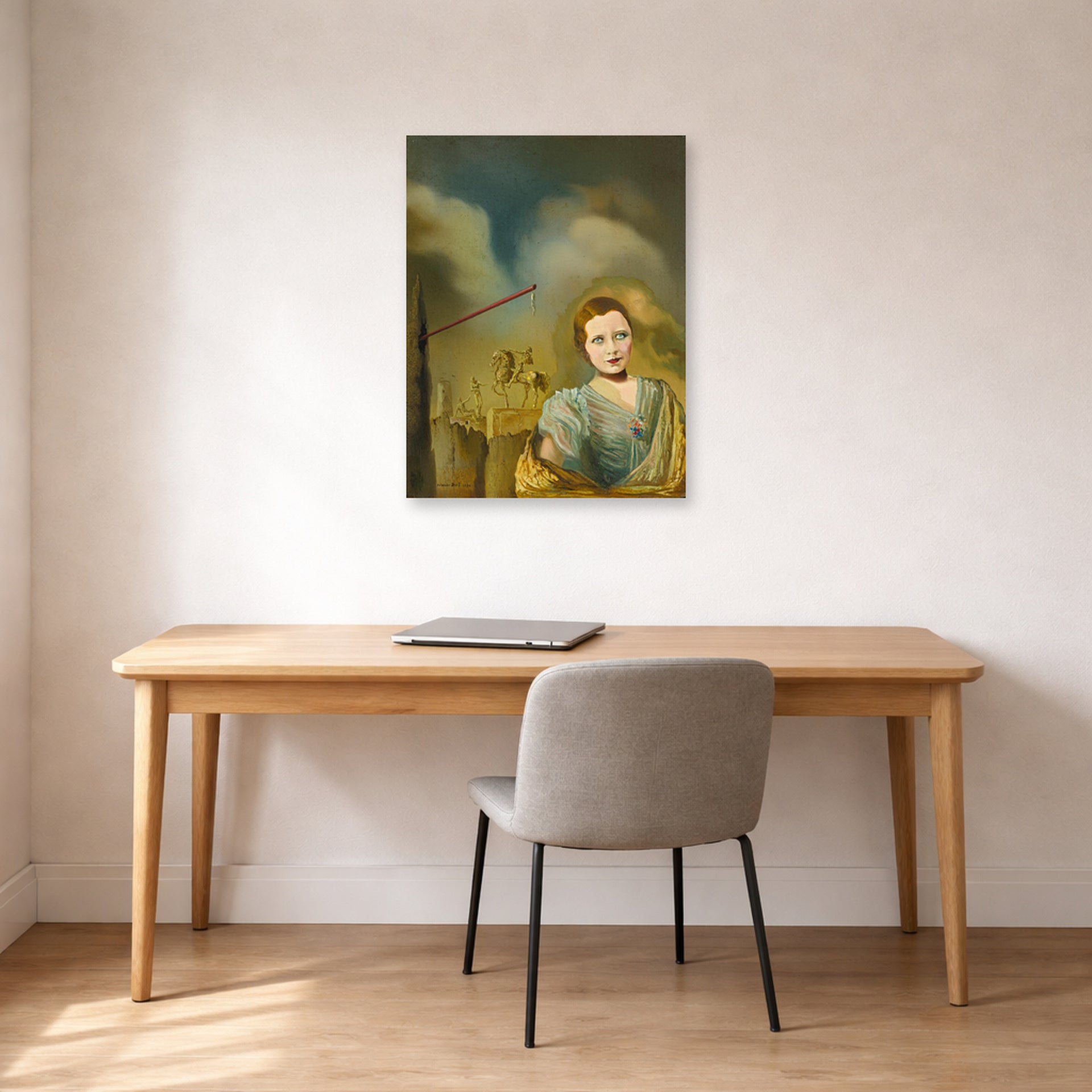 Unframed poster print of Salvador Dali's Landscape With Woman displayed on a wall in a office