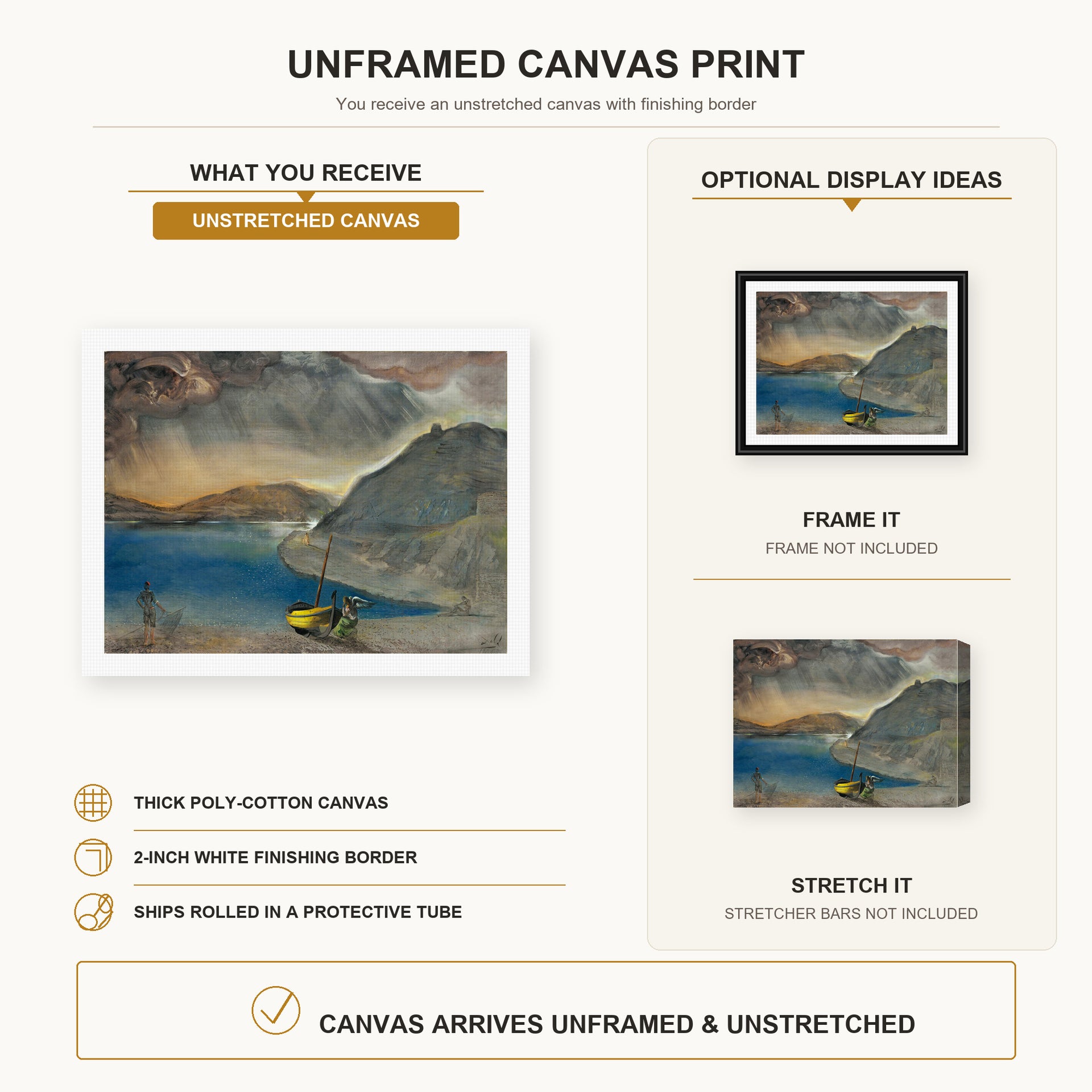 Salvador Dali - Landscape of Port Lligat, Before the Storm canvas print size comparison and framing display infographic