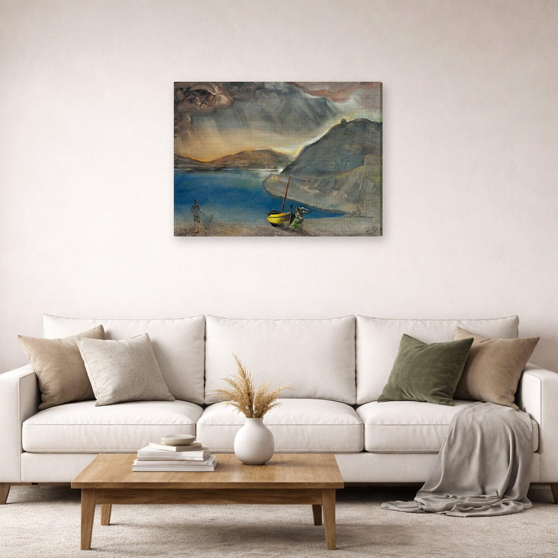 Gallery-wrapped canvas print of Salvador Dali's Landscape of Port Lligat, Before the Storm displayed on a wall in a living room