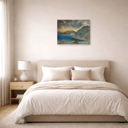 Unframed poster print of Salvador Dali's Landscape of Port Lligat, Before the Storm displayed on a wall in a bedroom