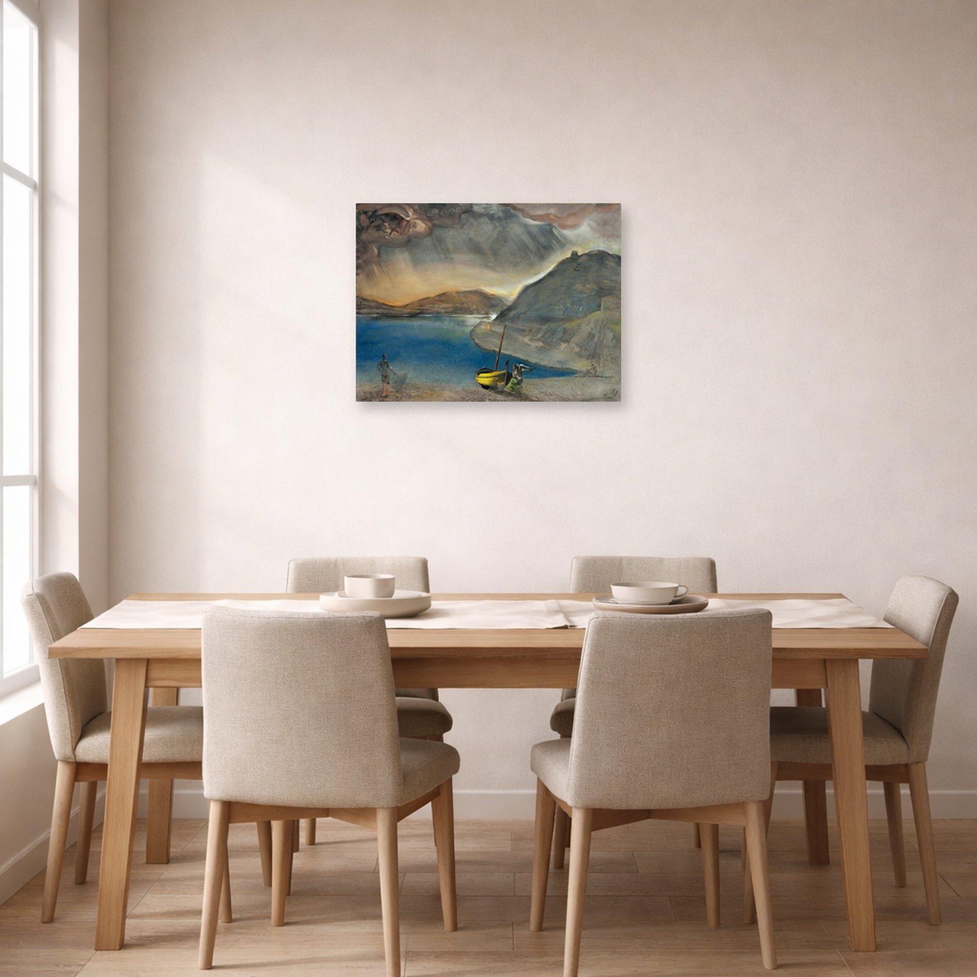 Unframed poster print of Salvador Dali's Landscape of Port Lligat, Before the Storm displayed on a wall in a dining room