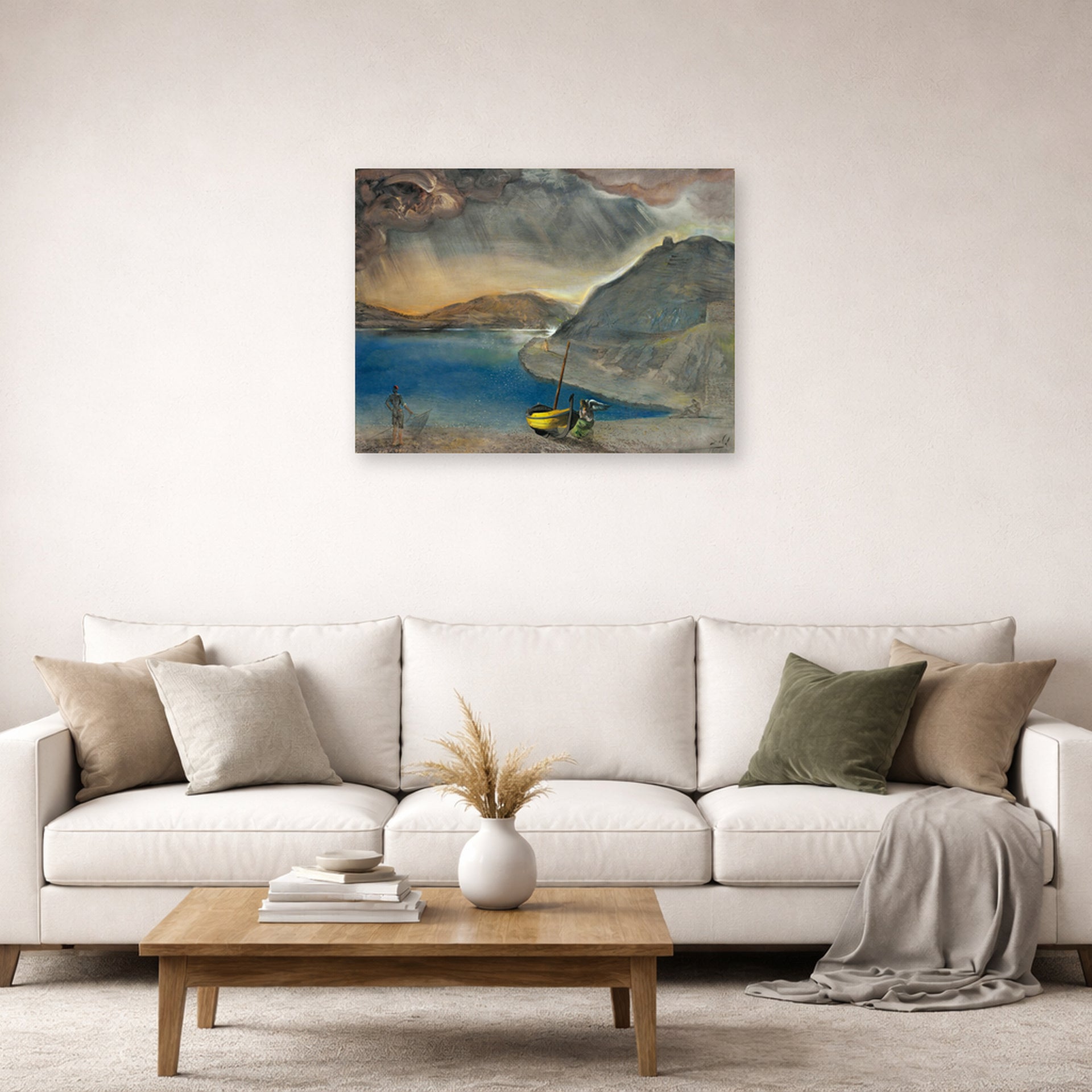 Unframed poster print of Salvador Dali's Landscape of Port Lligat, Before the Storm displayed on a wall in a living room
