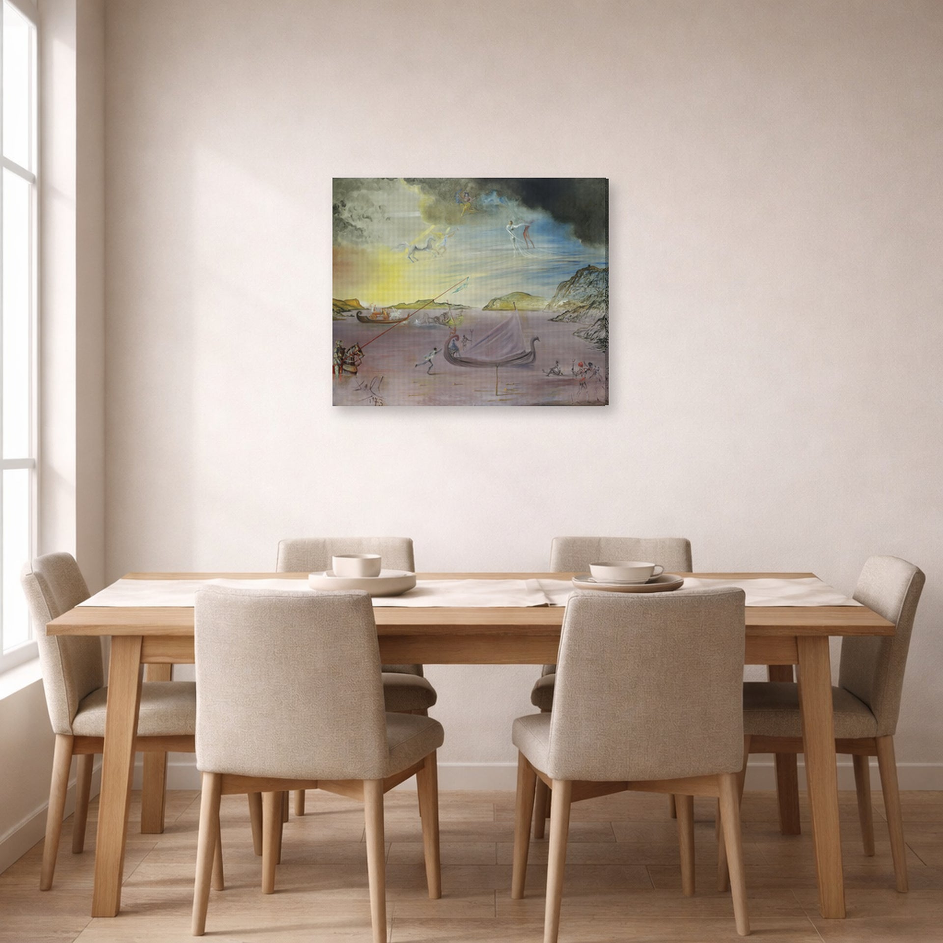 Gallery-wrapped canvas print of Salvador Dali's Las Galas of Port Lligat displayed on a wall in a dining room