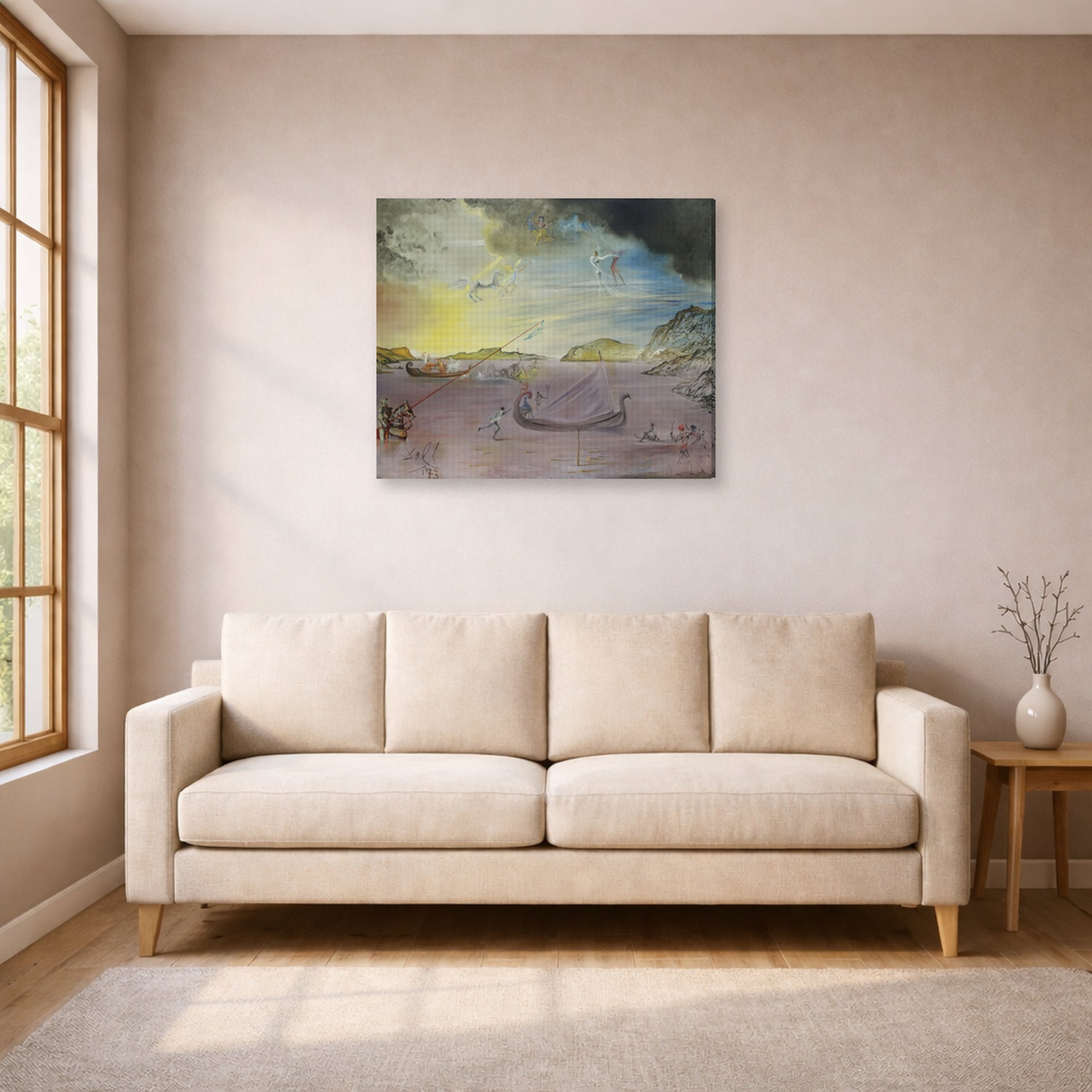 Gallery-wrapped canvas print of Salvador Dali's Las Galas of Port Lligat displayed on a wall in a living room