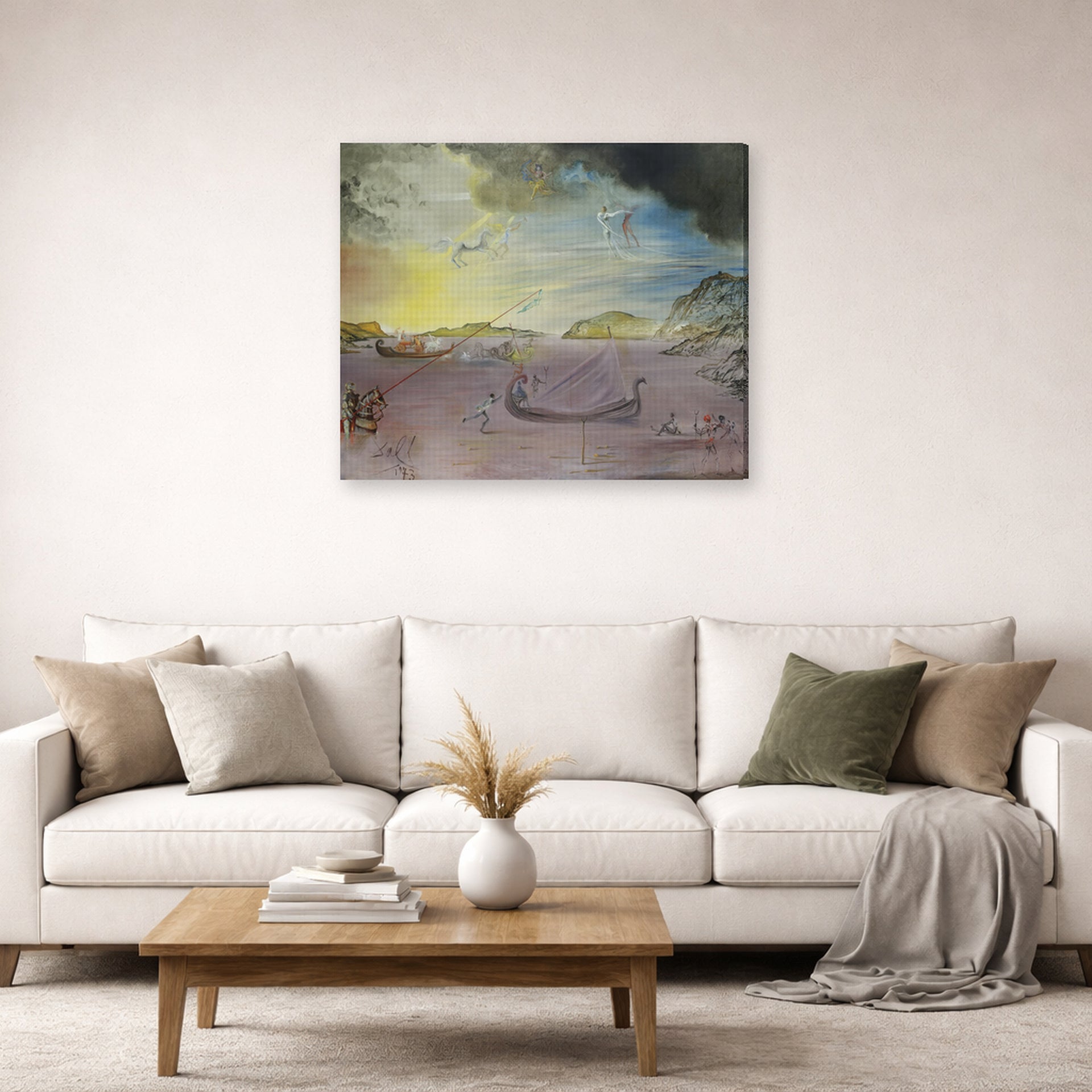 Gallery-wrapped canvas print of Salvador Dali's Las Galas of Port Lligat displayed on a wall in a living room