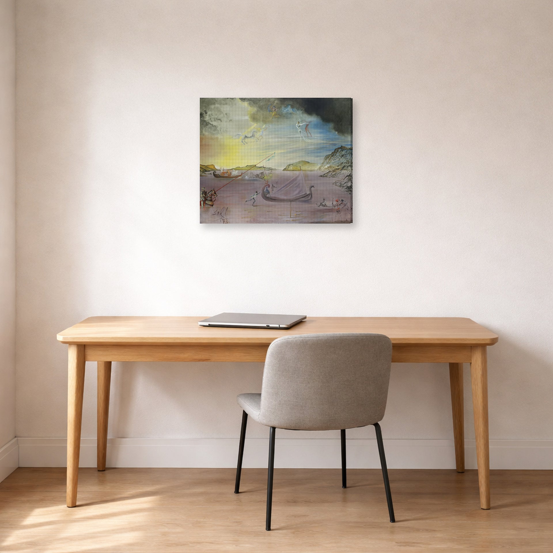Gallery-wrapped canvas print of Salvador Dali's Las Galas of Port Lligat displayed on a wall in a office