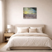 Unframed poster print of Salvador Dali's Las Galas of Port Lligat displayed on a wall in a bedroom