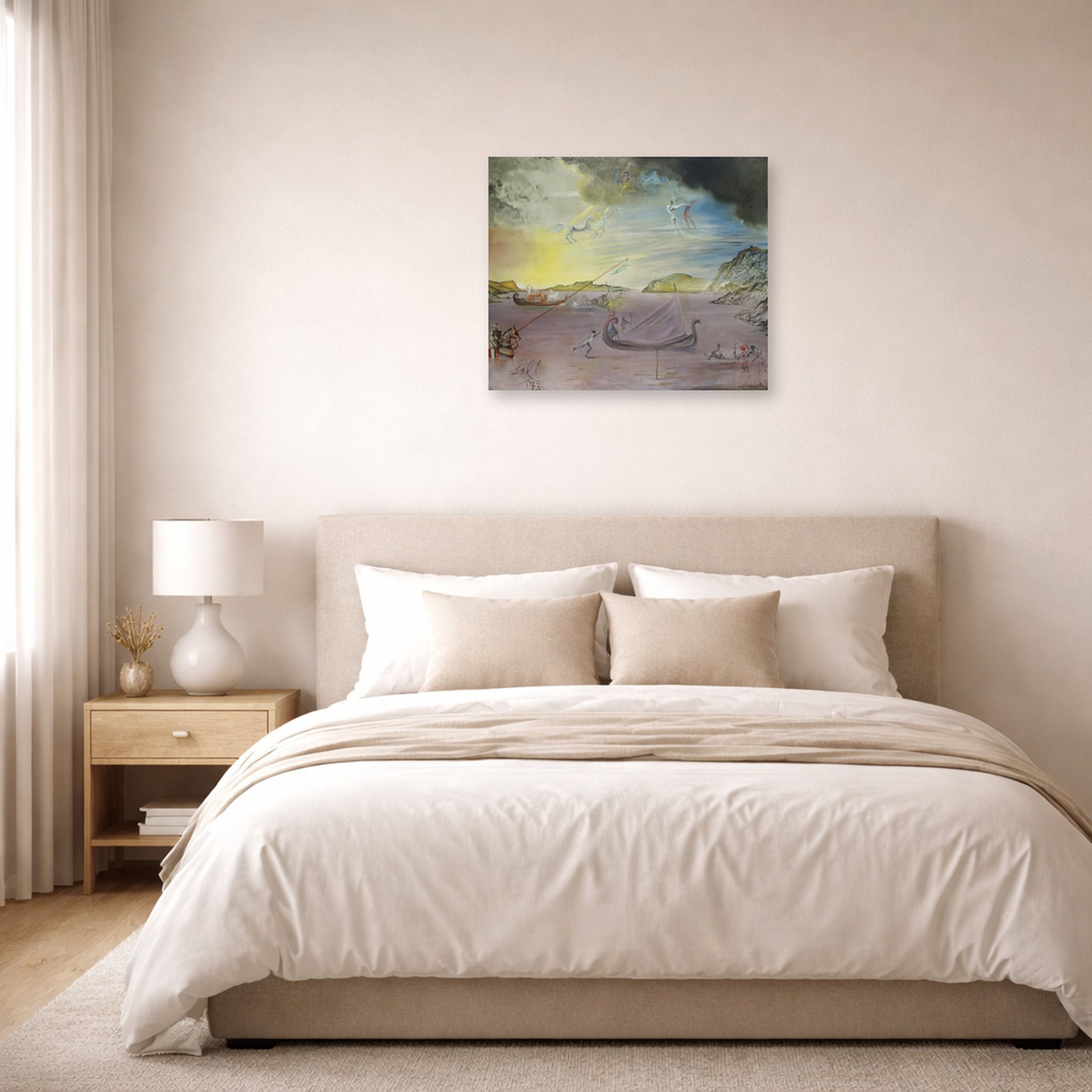 Unframed poster print of Salvador Dali's Las Galas of Port Lligat displayed on a wall in a bedroom