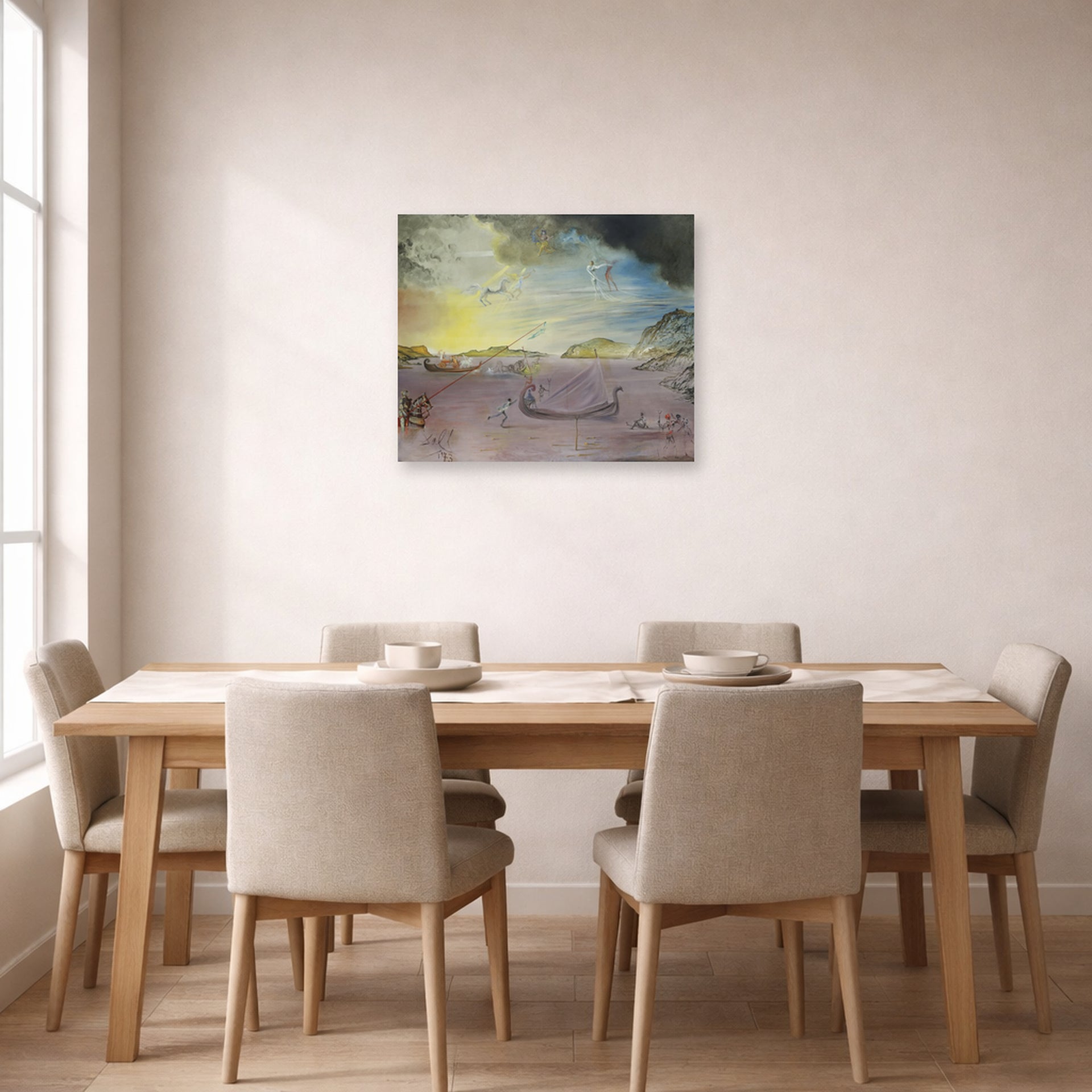 Unframed poster print of Salvador Dali's Las Galas of Port Lligat displayed on a wall in a dining room