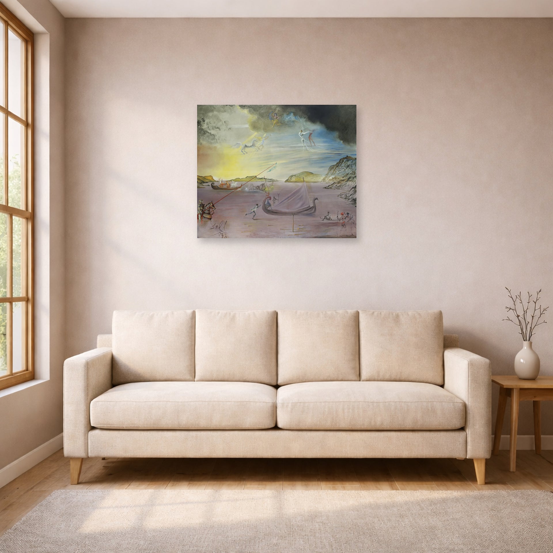 Unframed poster print of Salvador Dali's Las Galas of Port Lligat displayed on a wall in a living room