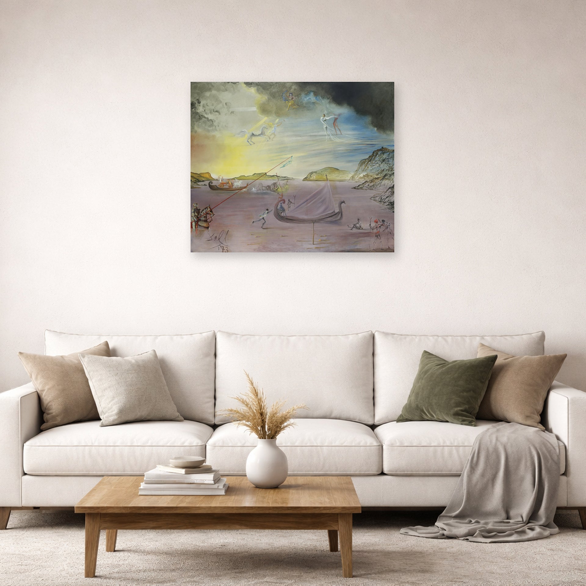 Unframed poster print of Salvador Dali's Las Galas of Port Lligat displayed on a wall in a living room