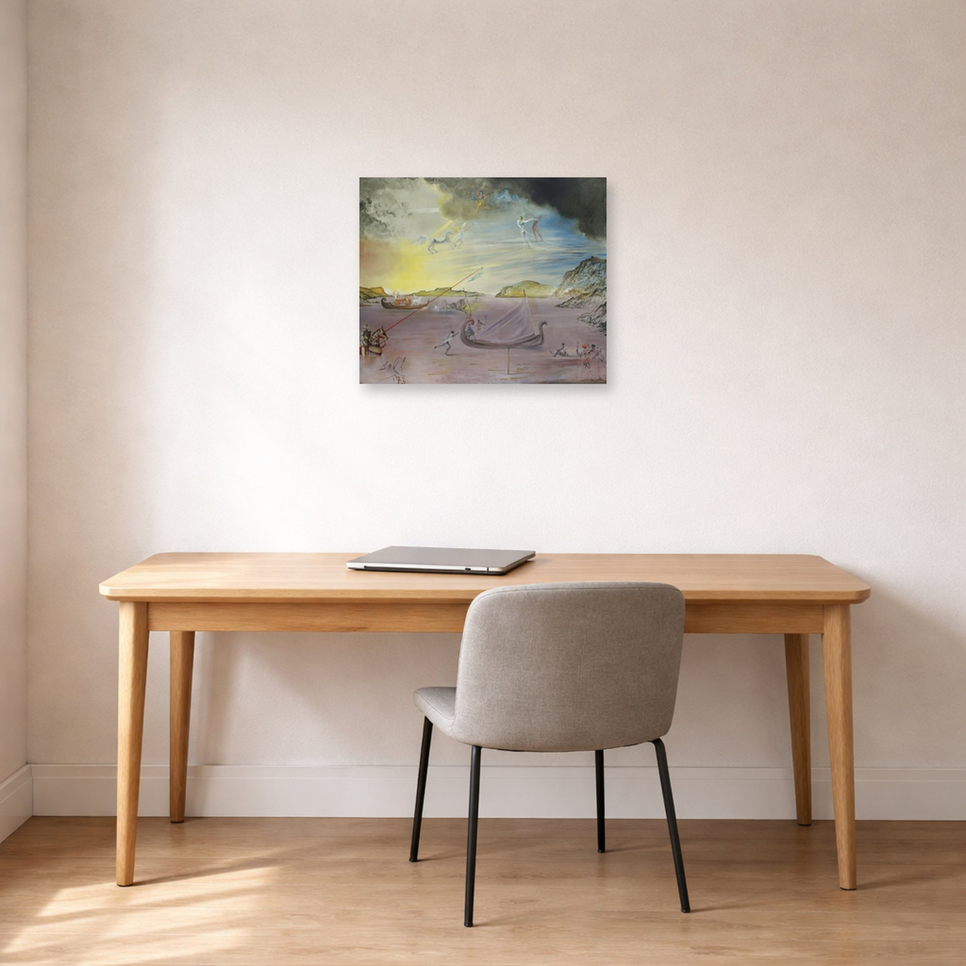 Unframed poster print of Salvador Dali's Las Galas of Port Lligat displayed on a wall in a office