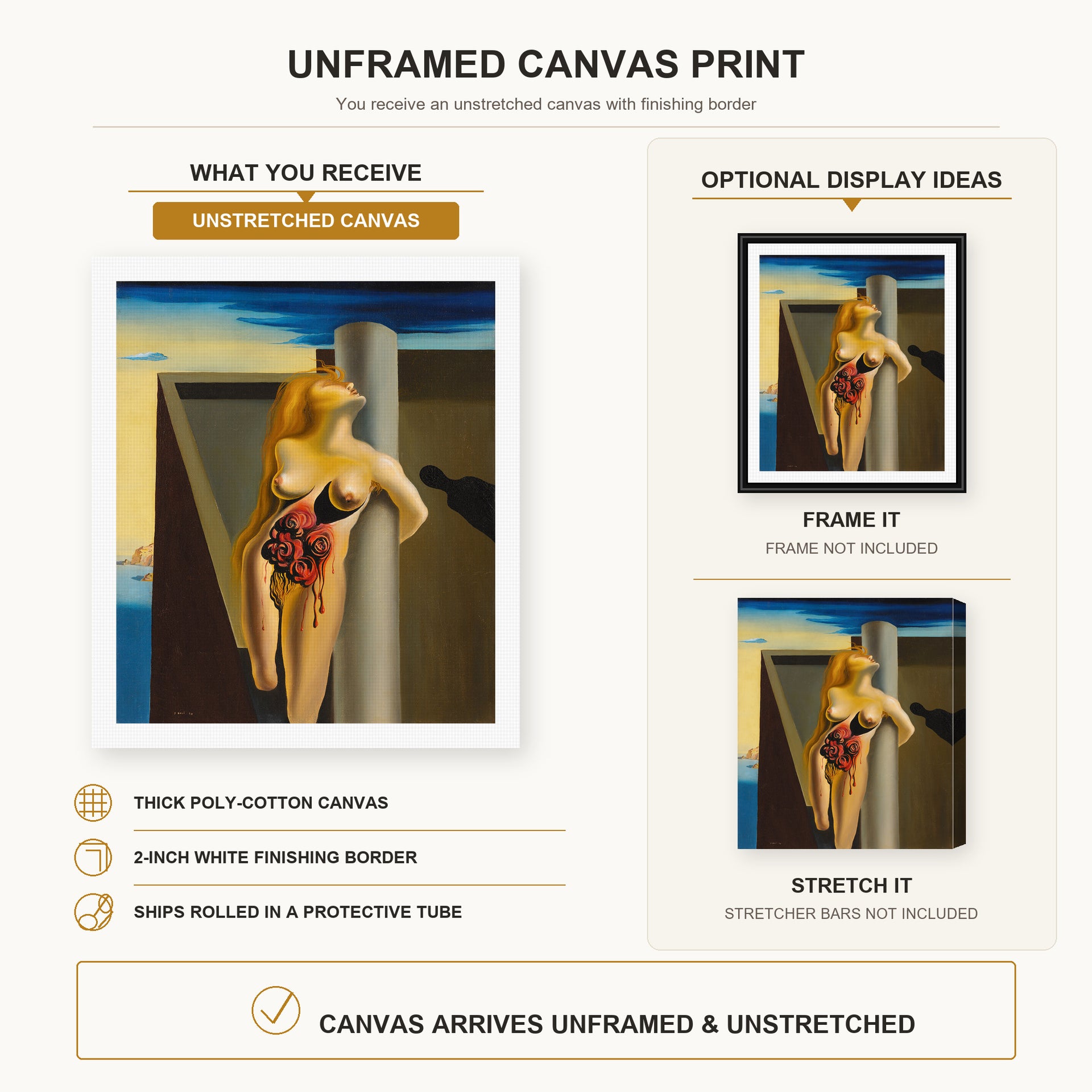 Salvador Dali - Las Rosas Sangrantes canvas print size comparison and framing display infographic