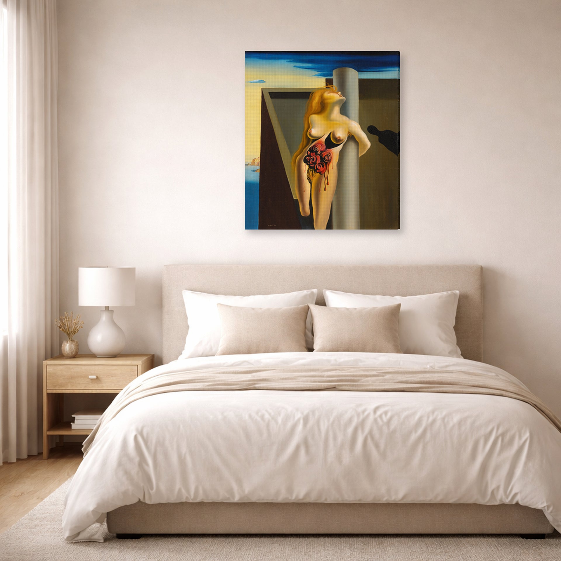Gallery-wrapped canvas print of Salvador Dali's Las Rosas Sangrantes displayed on a wall in a bedroom