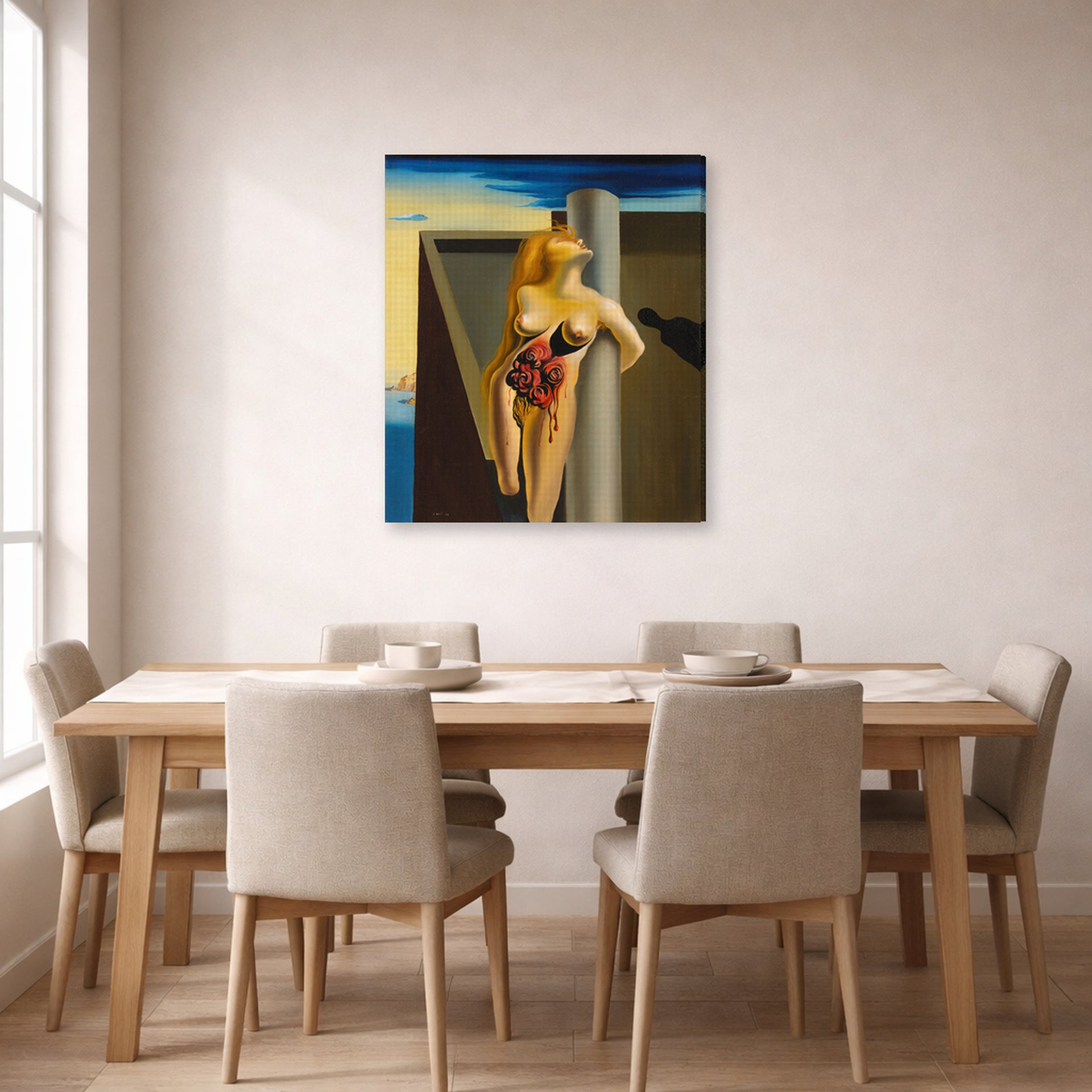 Gallery-wrapped canvas print of Salvador Dali's Las Rosas Sangrantes displayed on a wall in a dining room
