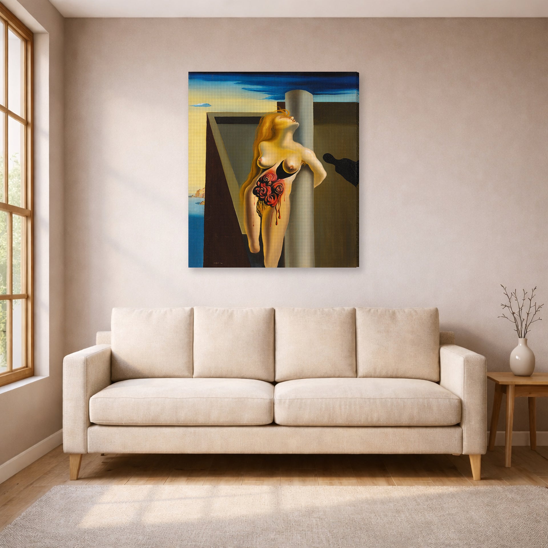 Gallery-wrapped canvas print of Salvador Dali's Las Rosas Sangrantes displayed on a wall in a living room