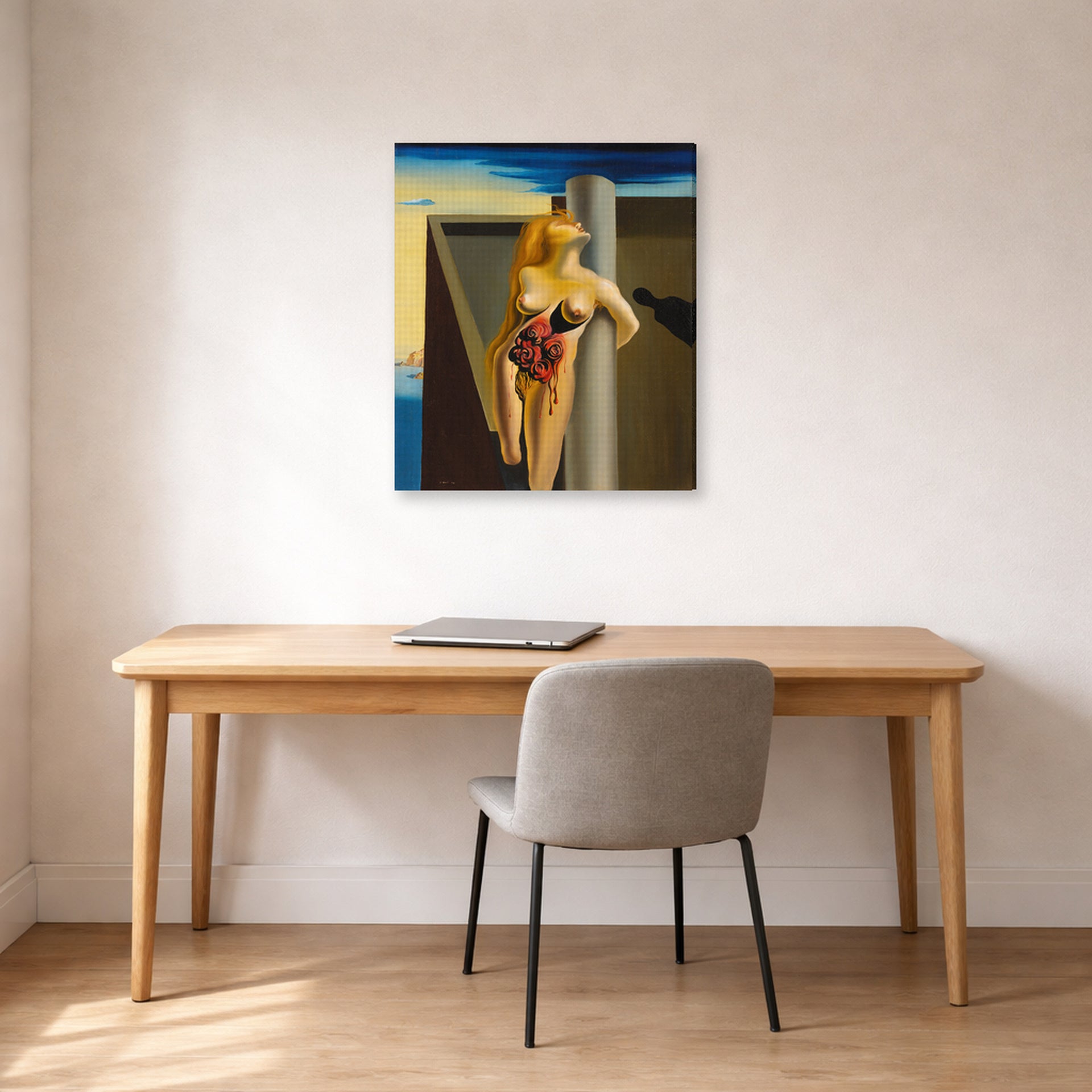 Gallery-wrapped canvas print of Salvador Dali's Las Rosas Sangrantes displayed on a wall in a office