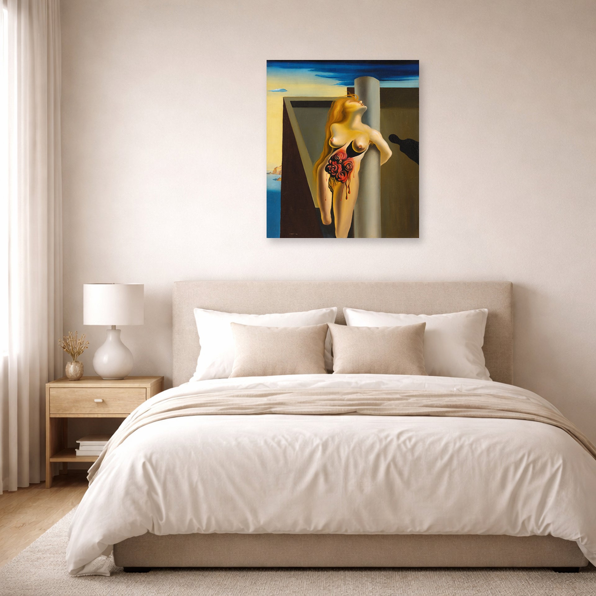 Unframed poster print of Salvador Dali's Las Rosas Sangrantes displayed on a wall in a bedroom